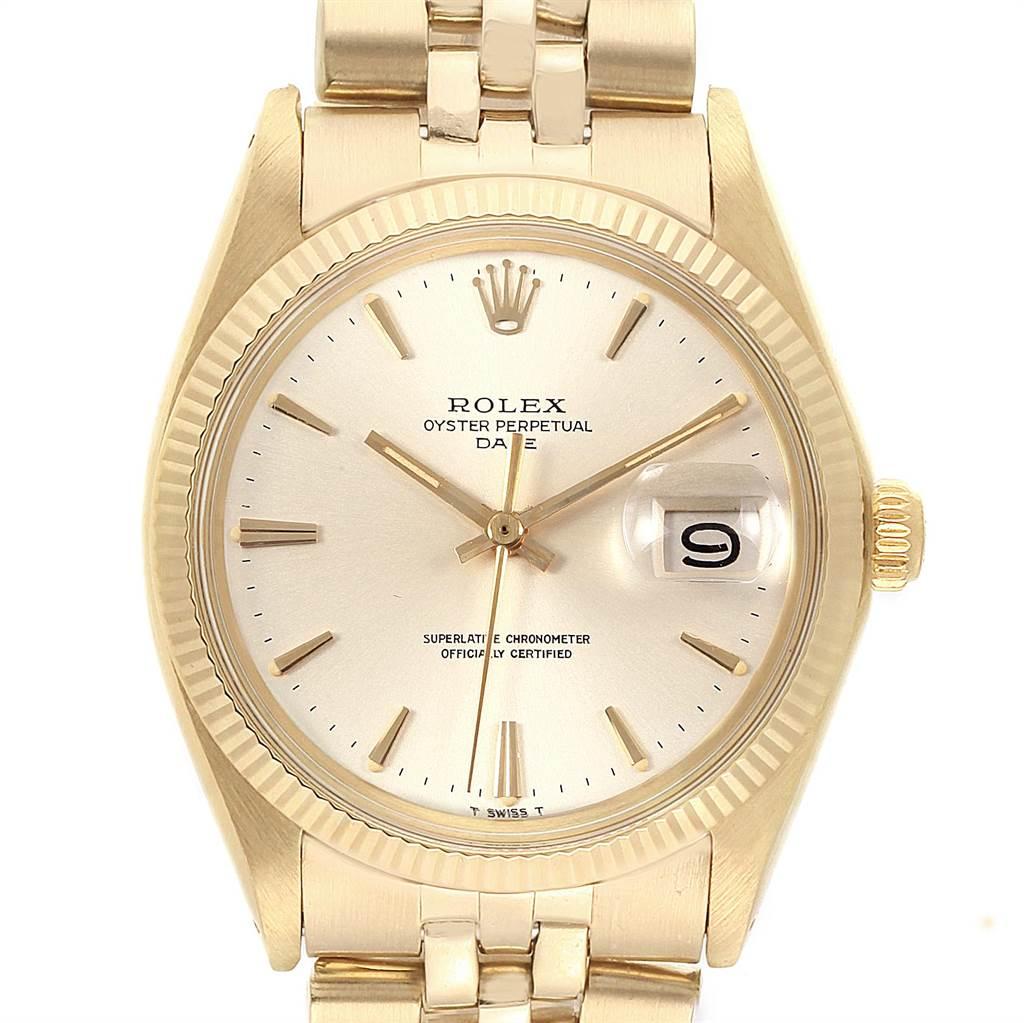 Rolex Date Yellow Gold Jubilee Bracelet Vintage Mens Watch 1503 Box. Officially certified chronometer self-winding movement. 14k yellow gold case 34 mm in diameter. Rolex logo on a crown. 14k yellow gold fluted bezel. Acrylic crystal with cyclops