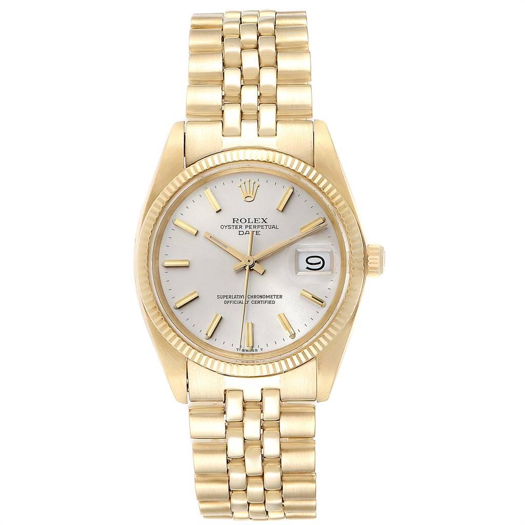 Rolex Date Yellow Gold Jubilee Bracelet Vintage Mens Watch 1503 Box. Officially certified chronometer automatic self-winding movement. 14k yellow gold case 34 mm in diameter.  Rolex logo on a crown. 14k yellow gold fluted bezel. Acrylic crystal with