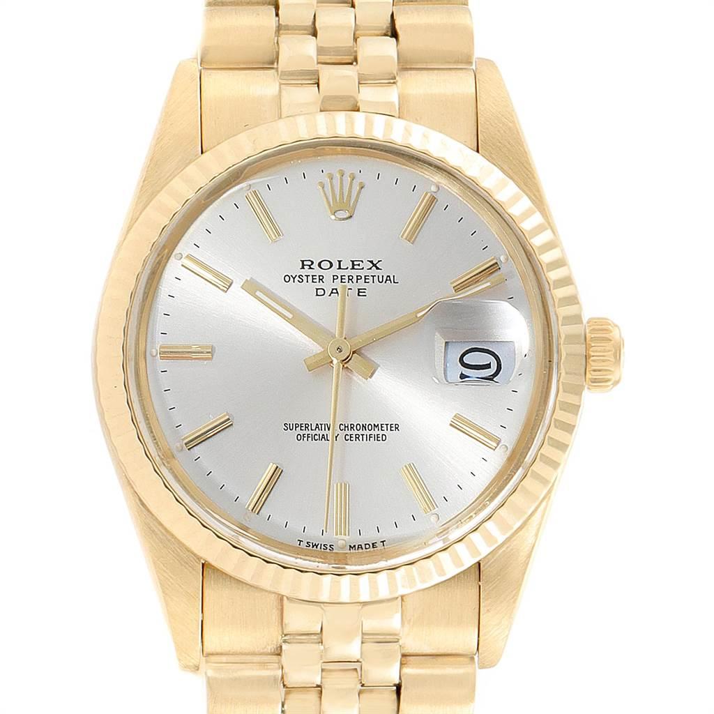 Rolex Date Yellow Gold Jubilee Bracelet Vintage Mens Watch 1503. Officially certified chronometer self-winding movement. 14k yellow gold case 34 mm in diameter. Rolex logo on a crown. 14k yellow gold fluted bezel. Acrylic crystal with cyclops