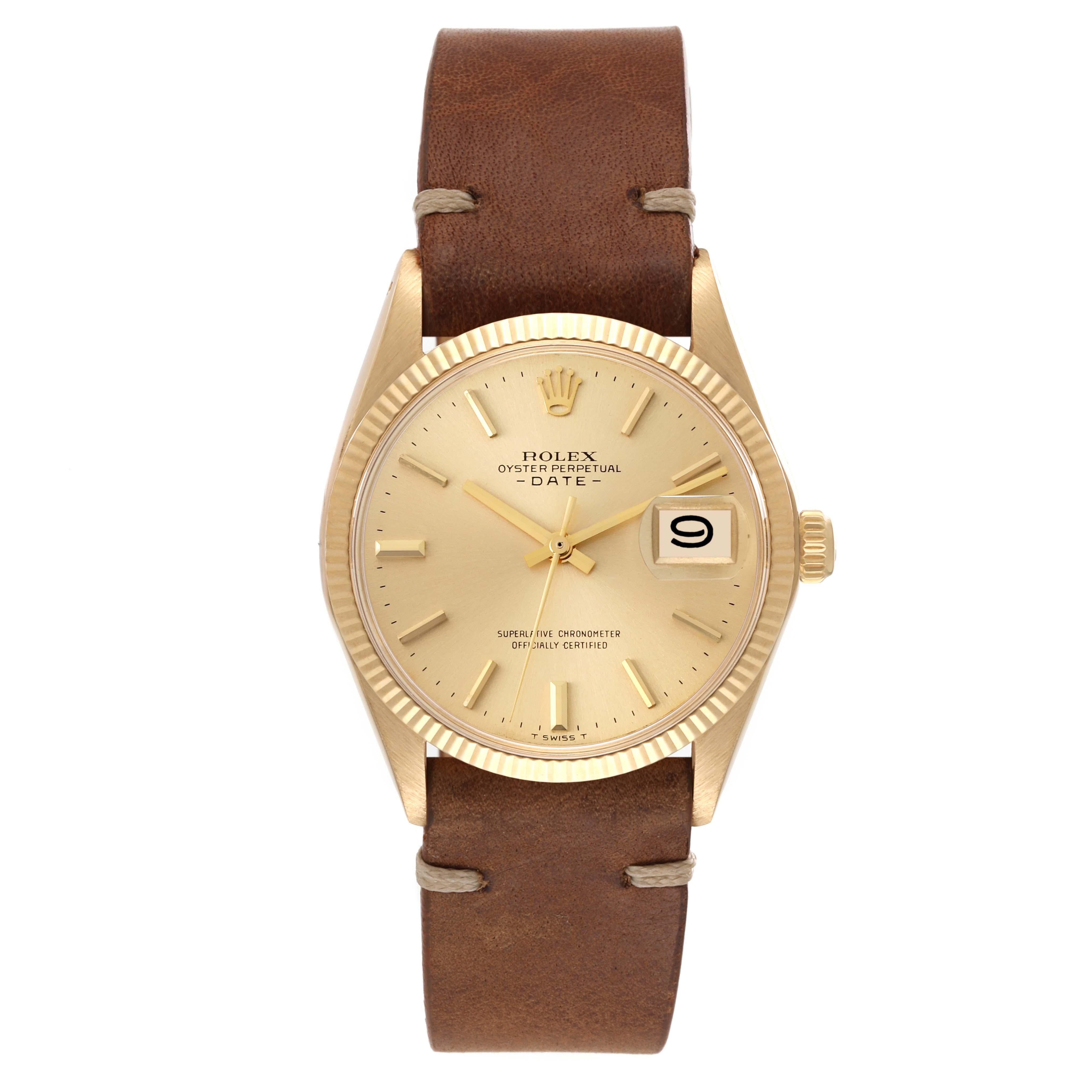 Rolex Date Yellow Gold Leather Strap Automatic Vintage Mens Watch 1503. Officially certified chronometer automatic self-winding movement. 18k yellow gold case 34.0 mm in diameter. Rolex logo on a crown. 14k yellow gold fluted bezel. Acrylic crystal