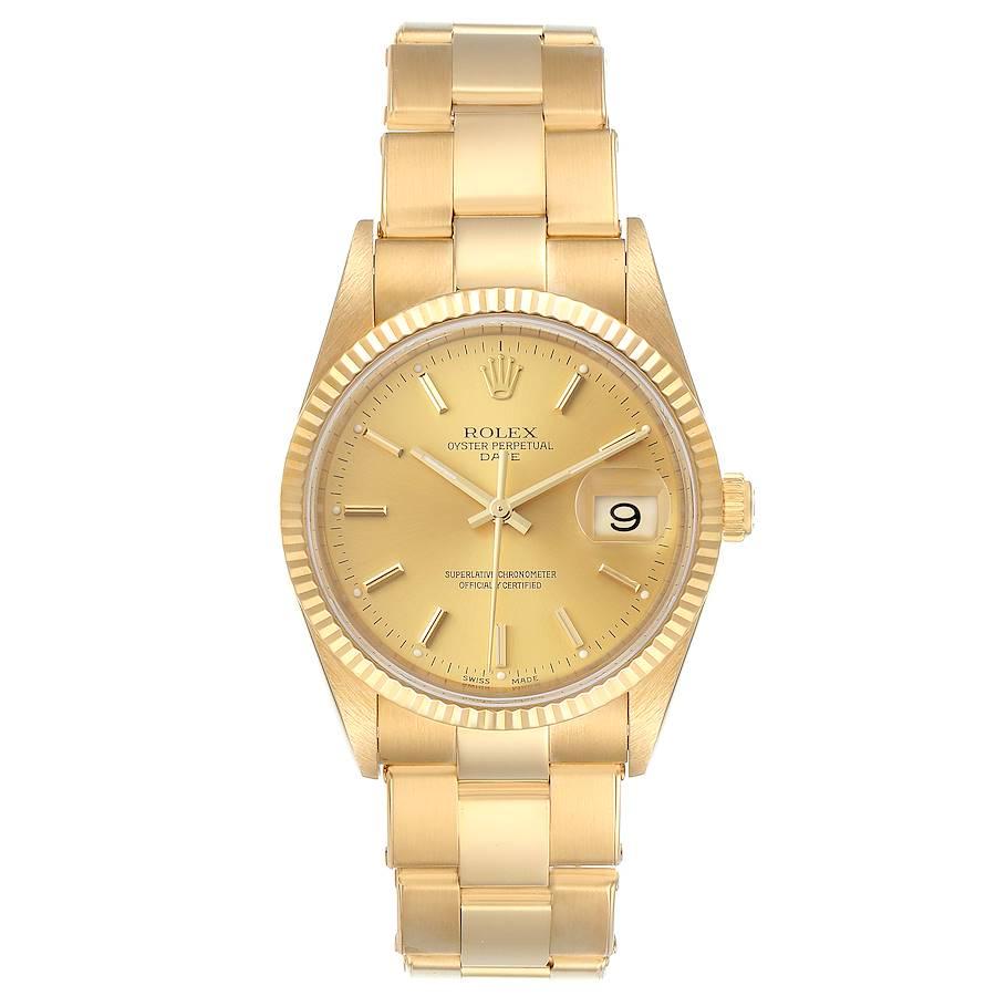 Rolex Date Yellow Gold Oyster Bracelet Mens Watch 15238 Box. Officially certified chronometer self-winding movement. 18k yellow gold case 34.0 mm in diameter. Rolex logo on a crown. 18k yellow gold fluted bezel. Scratch resistant sapphire crystal