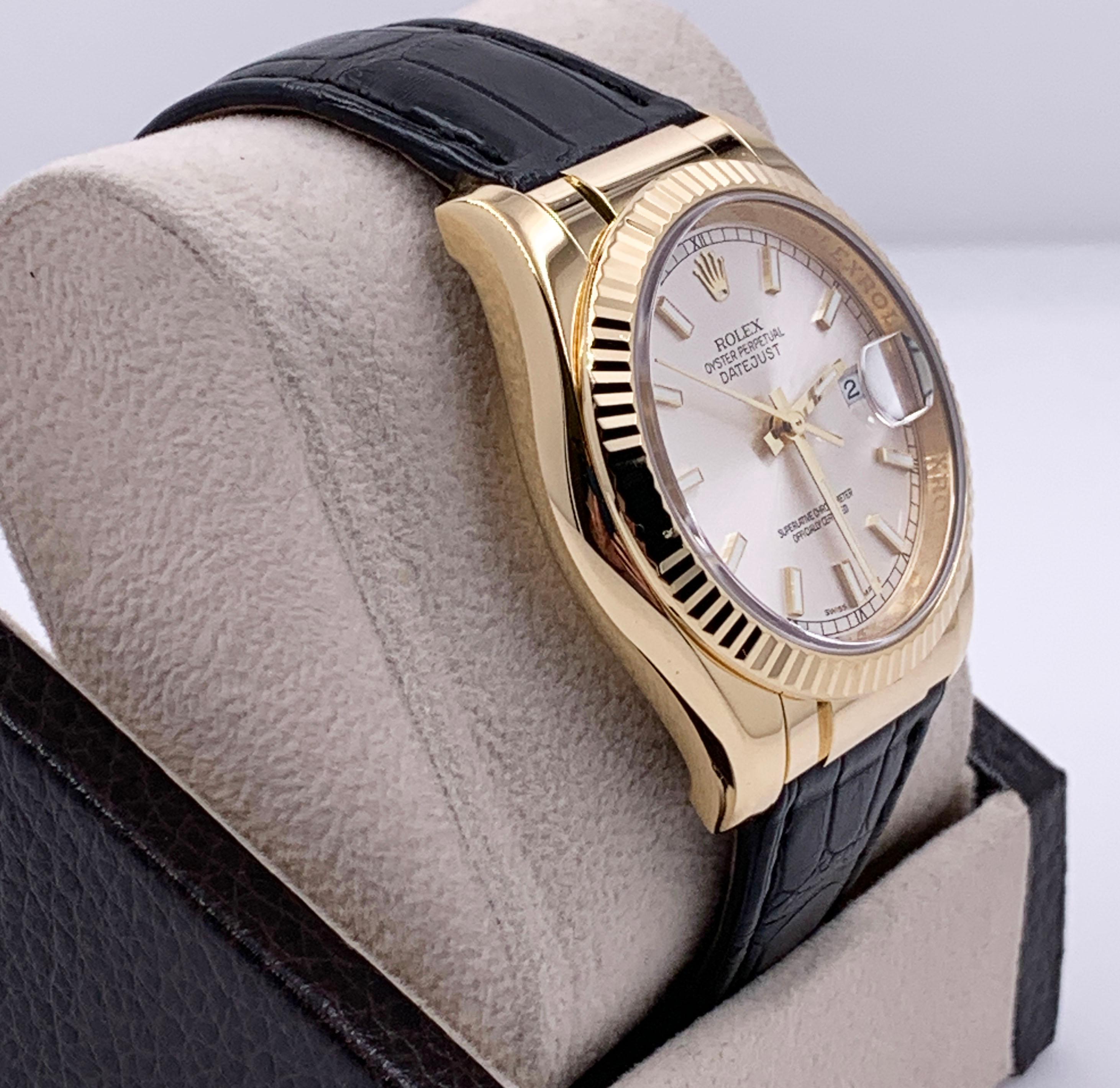 Style Number: 116138810

 

Serial: F749***


Year: 2007

 

Model: Datejust 

 

Case Material: 18K Yellow Gold 

 

Band: Leather 

 

Bezel:  18K Yellow Gold 

 

Dial: Silver  

 

Face: Sapphire Crystal 

 

Case Size: 36mm 

 

Includes: