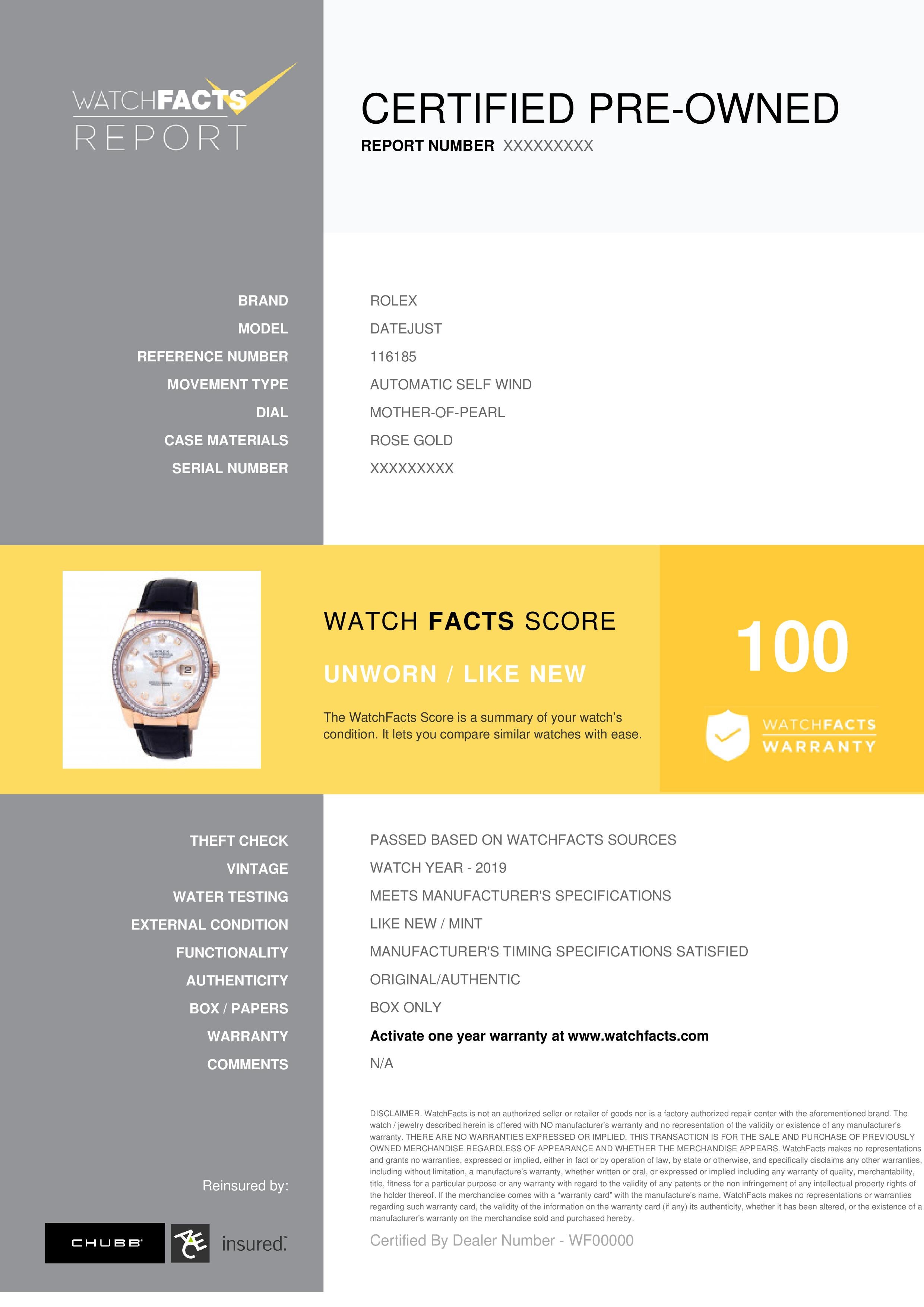 Rolex Datejust Reference #: 116185. Mens Automatic Self Wind Watch Rose Gold Mother of Pearl 36 MM. Verified and Certified by WatchFacts. 1 year warranty offered by WatchFacts.
