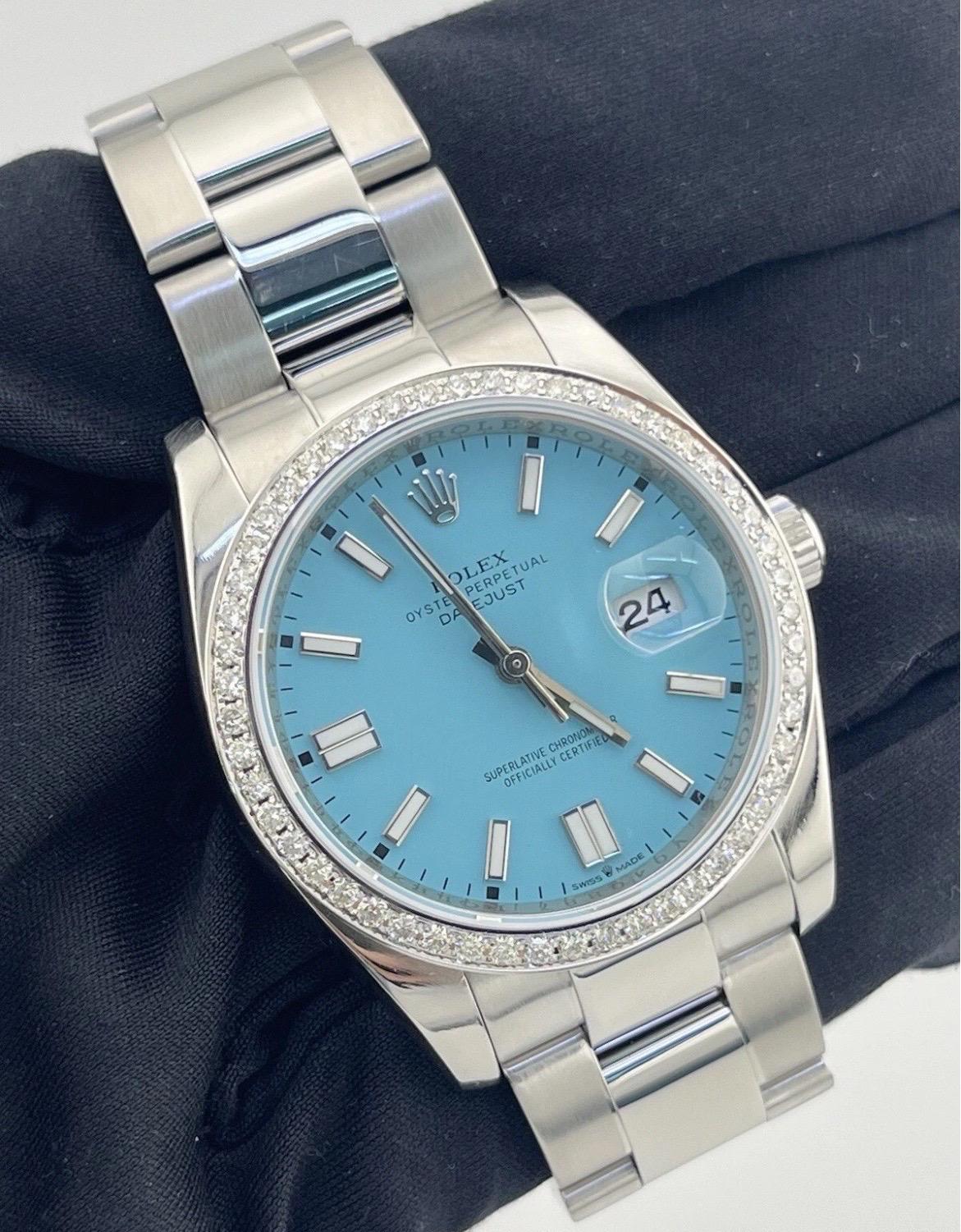 Rolex Montre Datejust 116200 36 mm avec lunette en diamant 1,3 carat et cadran bleu Tiffany en vente 8