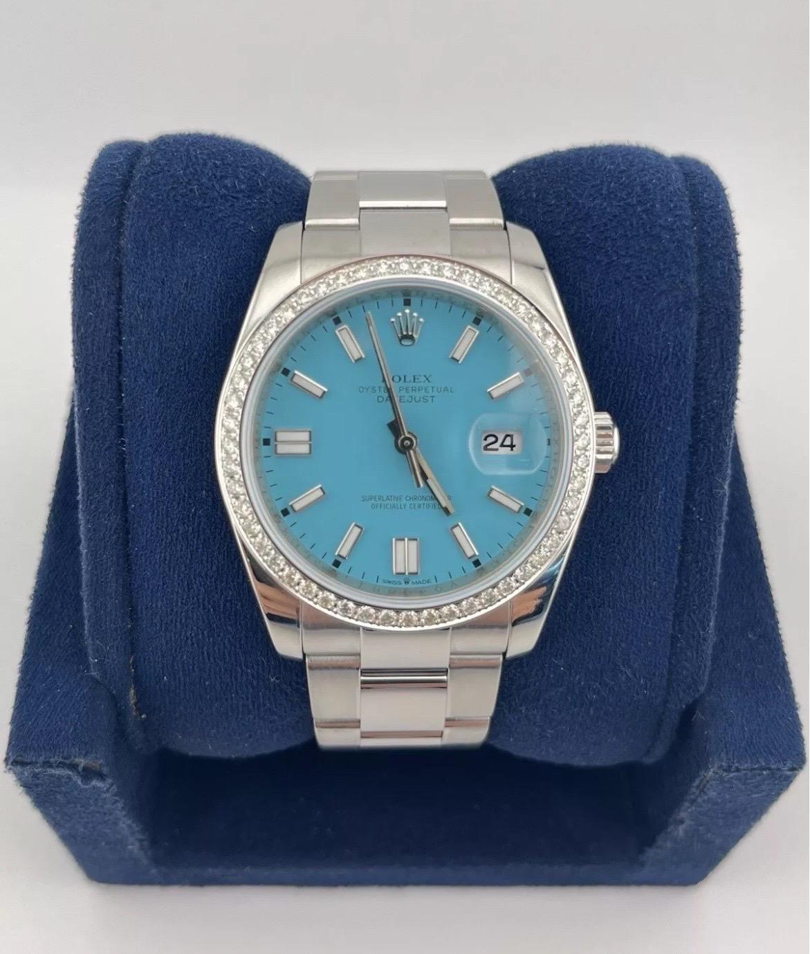 Taille ronde Rolex Montre Datejust 116200 36 mm avec lunette en diamant 1,3 carat et cadran bleu Tiffany en vente
