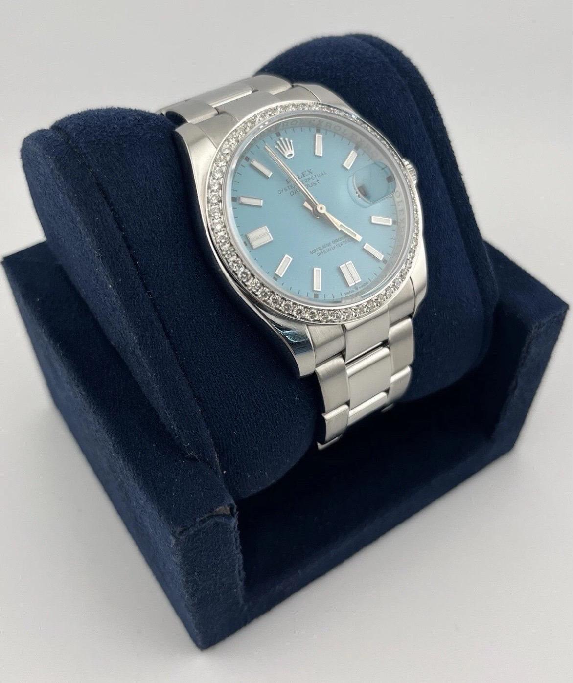 Rolex Montre Datejust 116200 36 mm avec lunette en diamant 1,3 carat et cadran bleu Tiffany Bon état - En vente à Boca Raton, FL