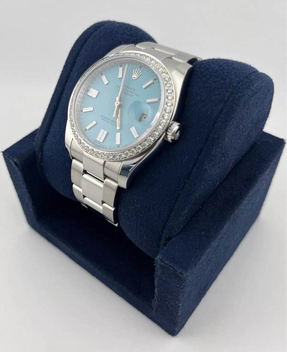 Rolex Montre Datejust 116200 36 mm avec lunette en diamant 1,3 carat et cadran bleu Tiffany Unisexe en vente