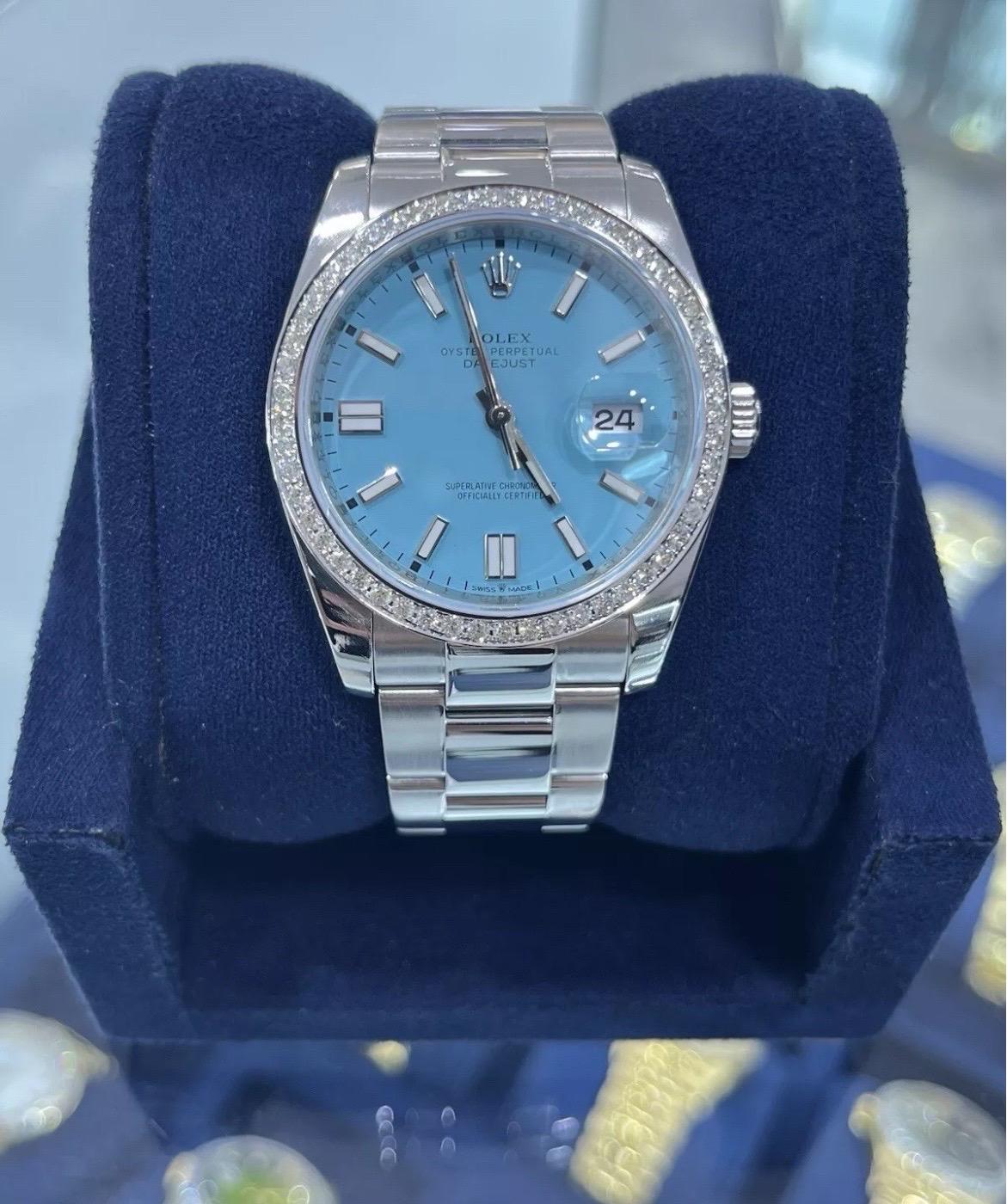 Rolex Montre Datejust 116200 36 mm avec lunette en diamant 1,3 carat et cadran bleu Tiffany en vente 3