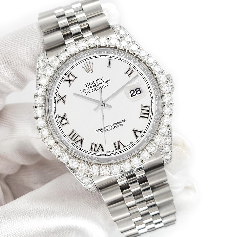 Rolex Datejust 116200 36mm 3.9CT Diamond Bezel/Lugs/White Roman Dial Watch In Excellent Condition For Sale In New York, NY