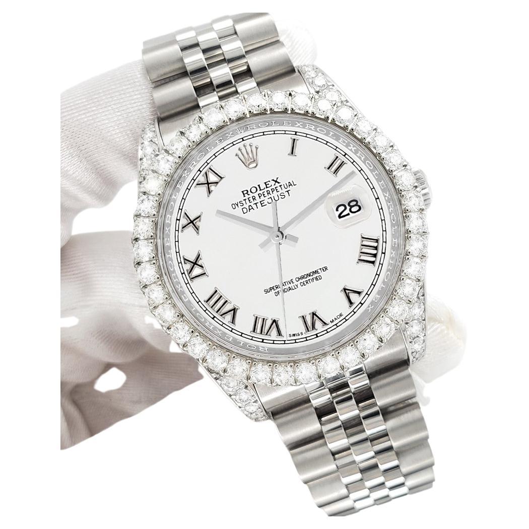 Rolex Datejust 116200 36mm 3.9CT Diamond Bezel/Lugs/White Roman Dial Watch For Sale