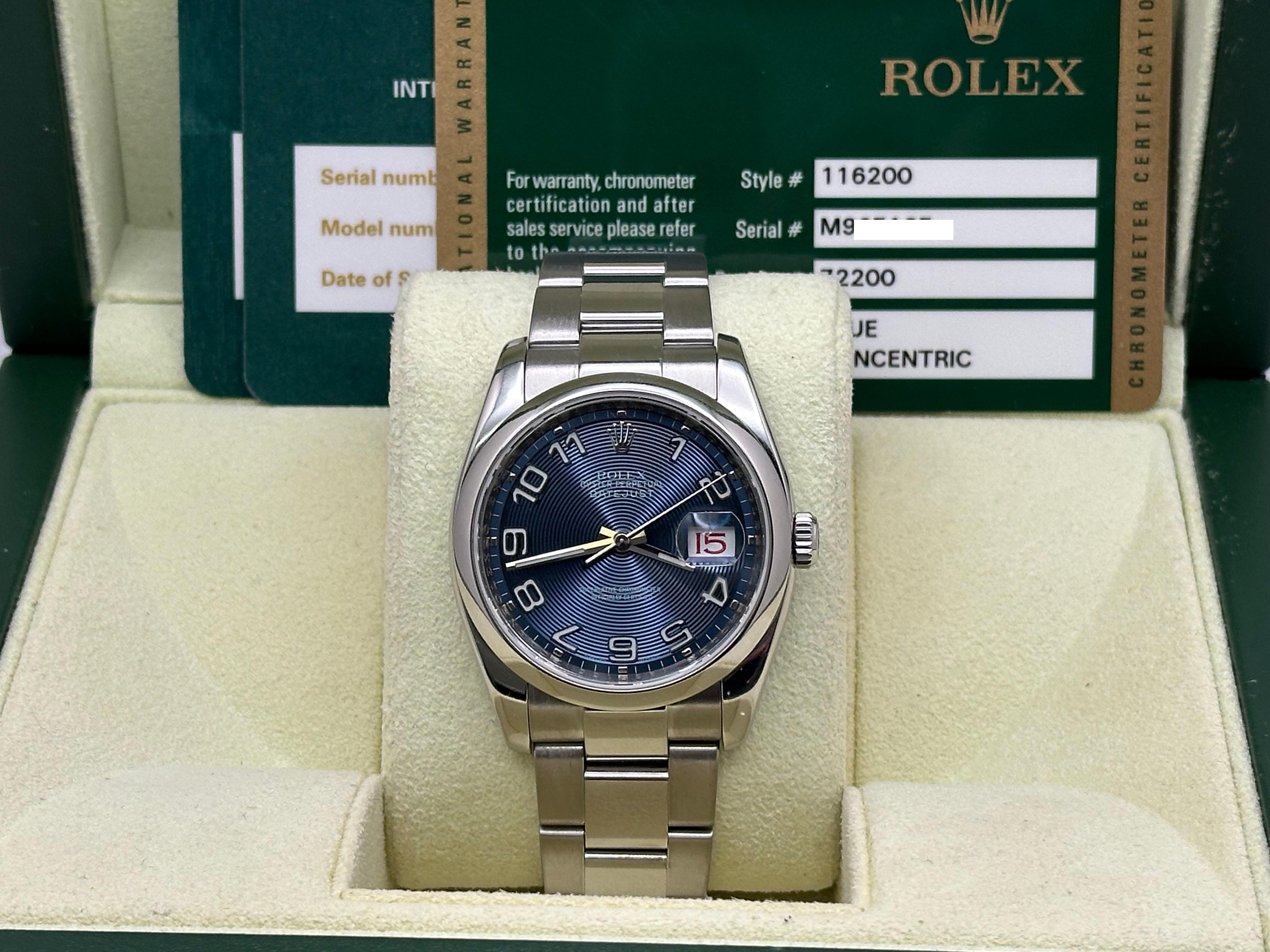 Rolex Datejust 116200 Blau konzentrischen Zifferblatt Stahl Box Papier Service-Karten im Angebot 3