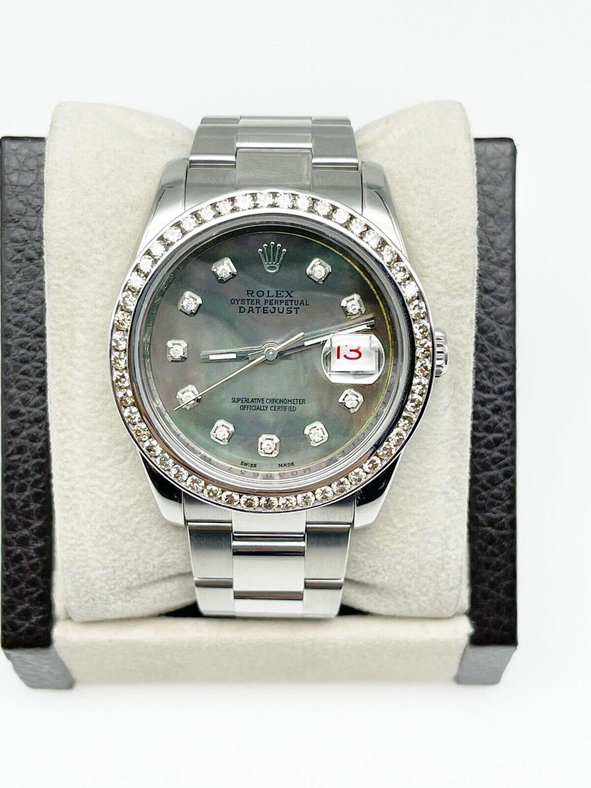 Style Number: 116200

 

Serial: M039***



Year: 2008

 

Model: Datejust

 

Case Material: Stainless Steel

 

Band: Stainless Steel

 

Bezel: Silver Custom Diamond bezel

 

Dial: Custom Black MOP Tahitian Diamond Dial

 

Face: Sapphire
