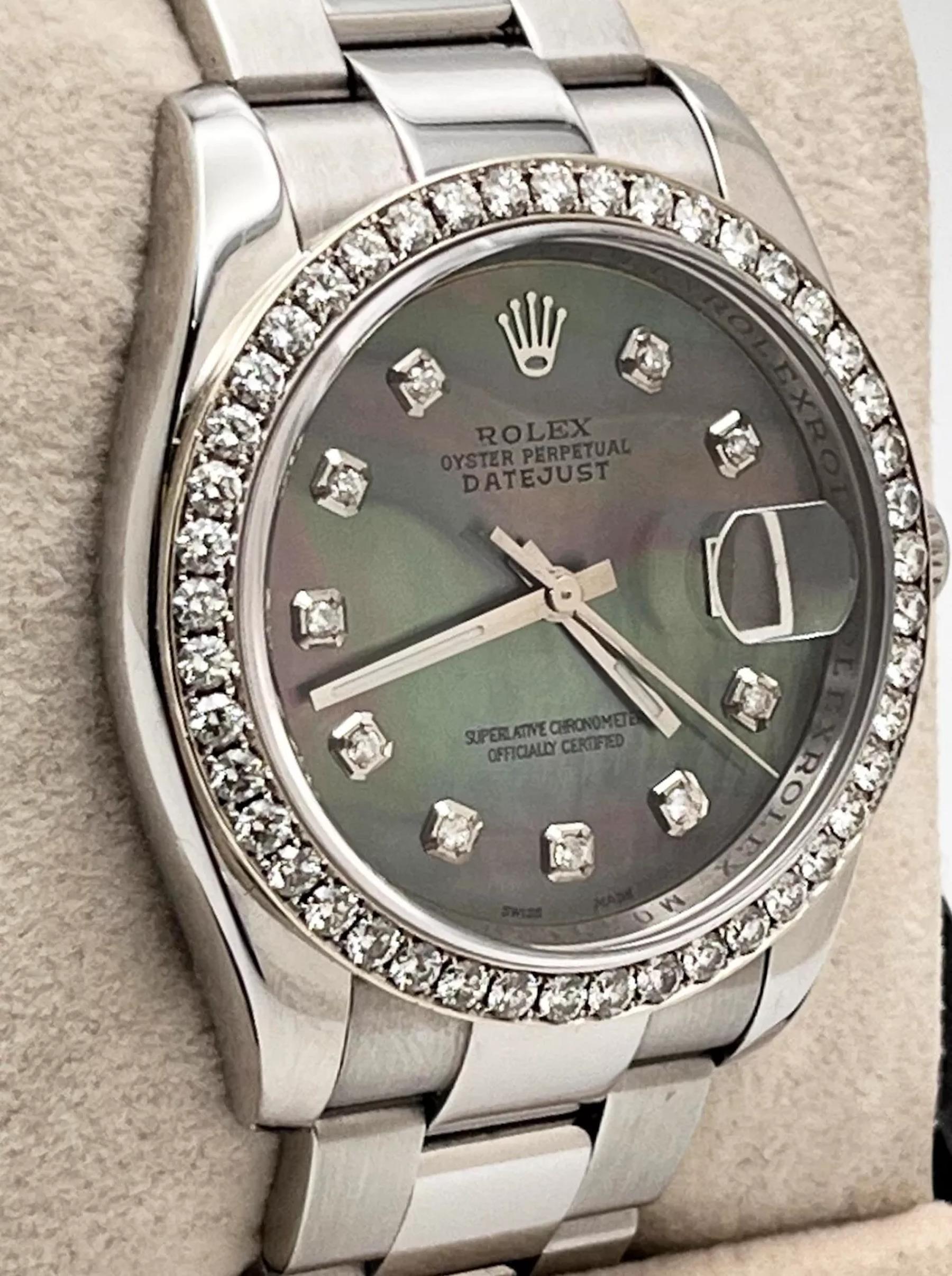 Style Number: 116200
Serial: M039*** 
Year: 2008
Model: Rolex Datejust 
Case Material: Stainless Steel 
Band: Stainless Steel 
Bezel: Custom Diamond Bezel 
Dial: Custom Tahitian Diamond Dial 
Face: Sapphire Crystal 
Case Size: 36mm 
Includes: