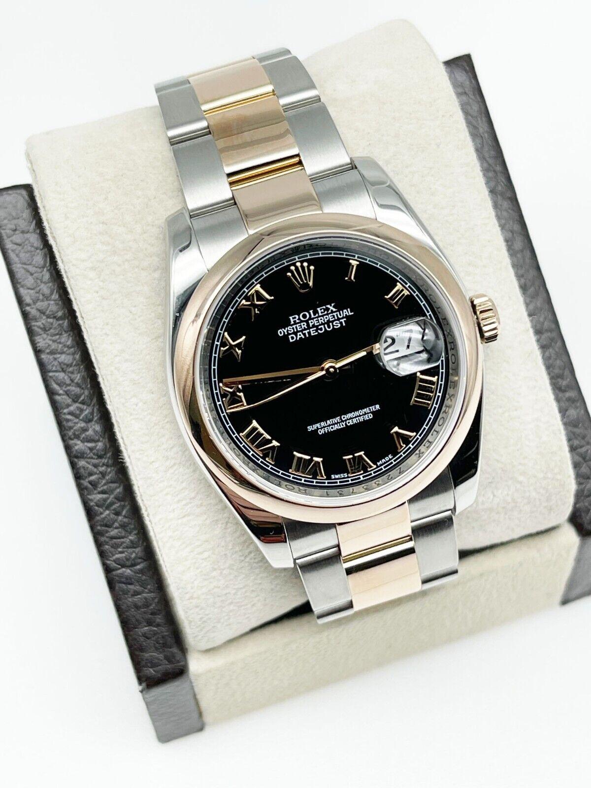 Rolex Datejust 116201 Black Roman Dial 18K Rose Gold Steel Box Paper For Sale 2