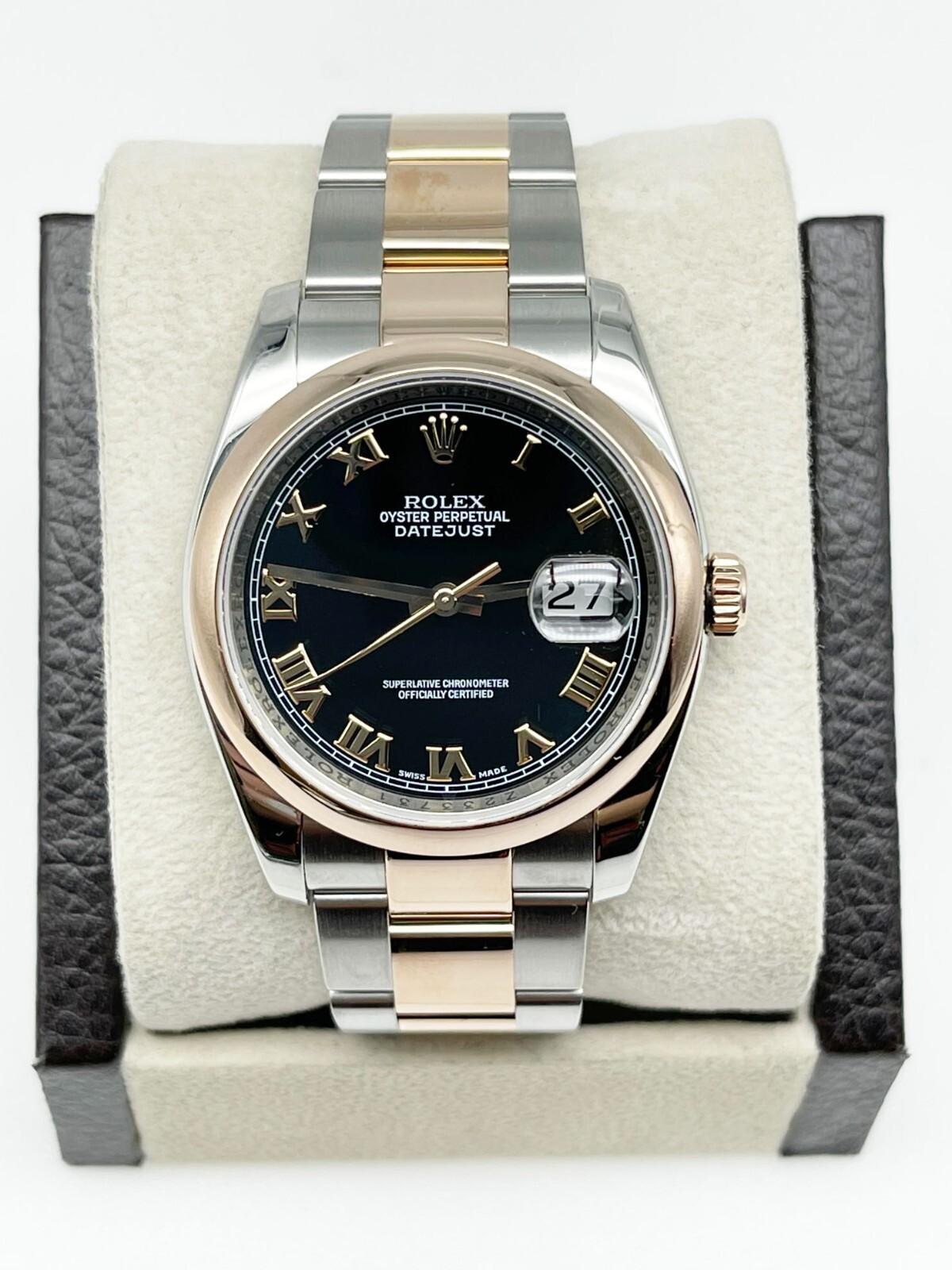 Rolex Datejust 116201 Black Roman Dial 18K Rose Gold Steel Box Paper For Sale 3