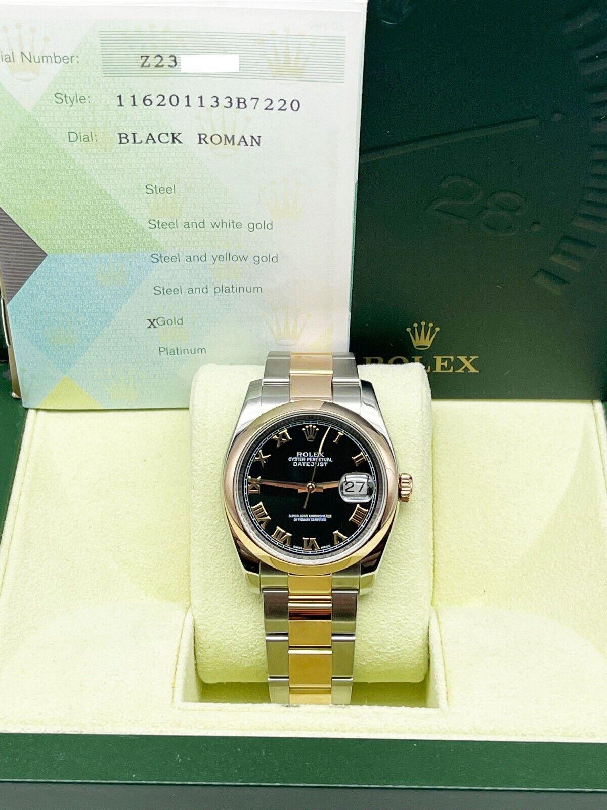 Rolex Datejust 116201 Black Roman Dial 18K Rose Gold Steel Box Paper For Sale 4