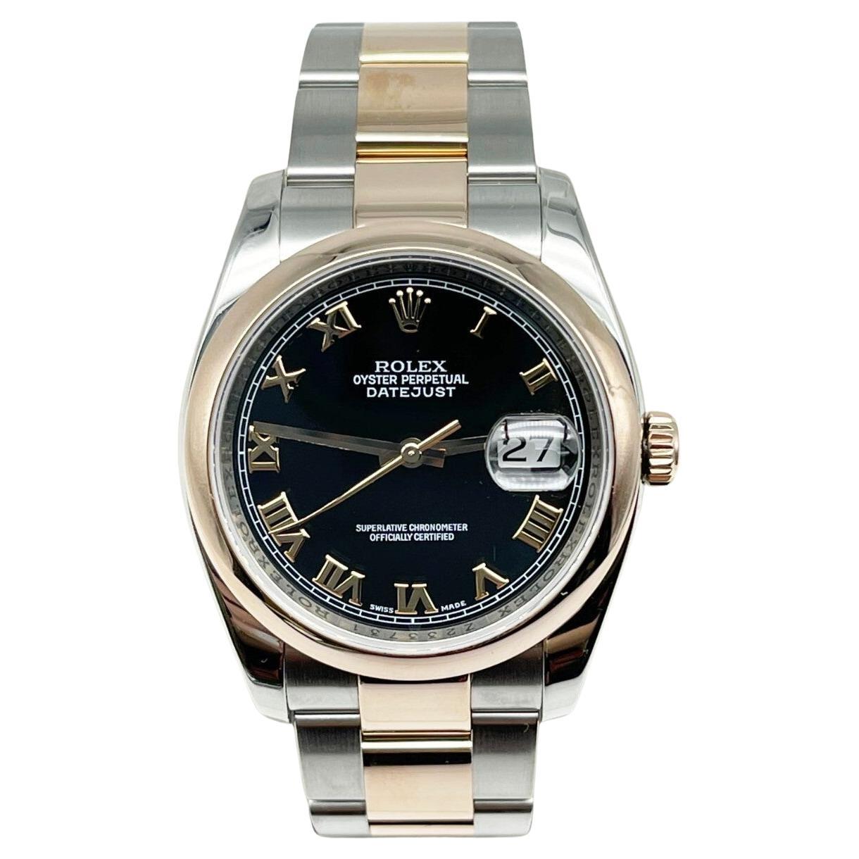 Rolex Datejust 116201 Esfera romana negra Oro rosa de 18 quilates Caja de acero Papel