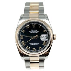 Rolex Datejust 116201 Black Roman Dial 18K Rose Gold Steel Box Paper