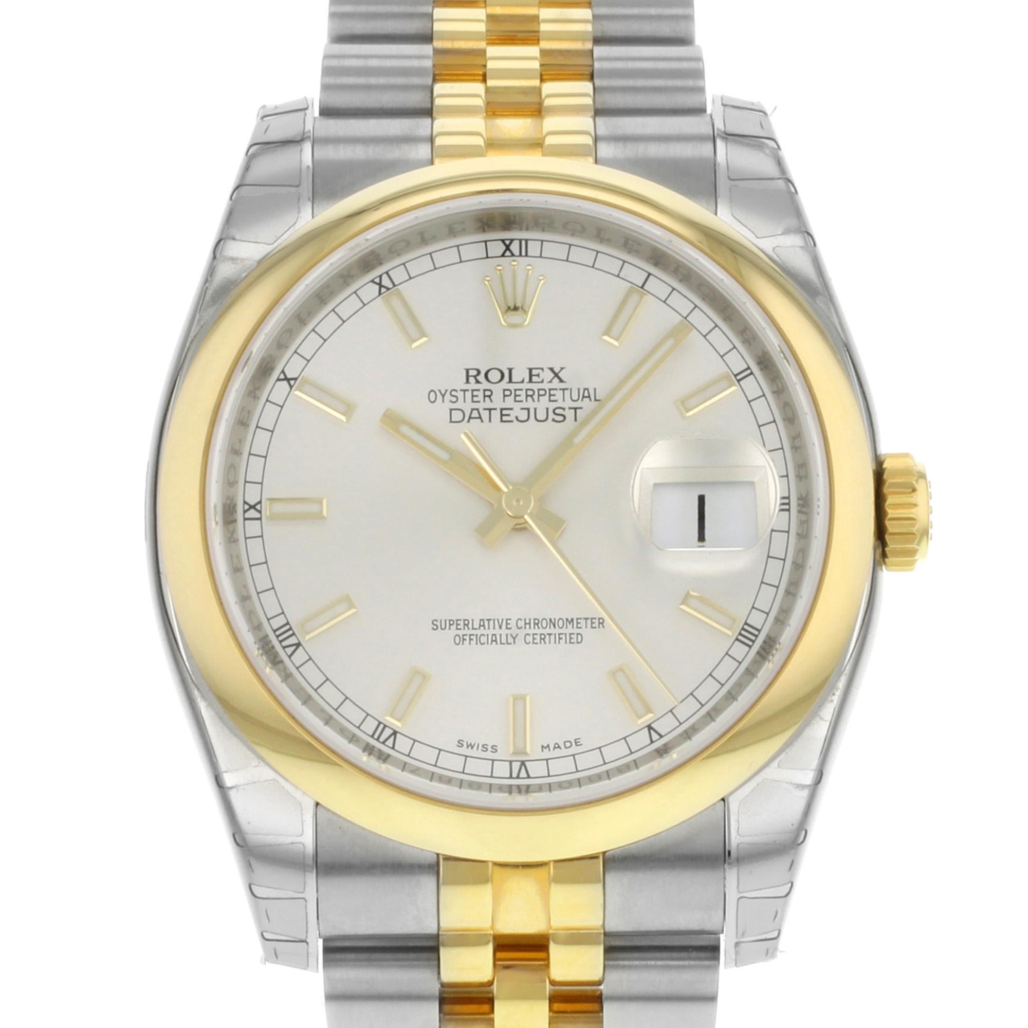 This display model Rolex Datejust  116203 SSJ is a beautiful men's timepiece that is powered by mechanical (automatic) movement which is cased in a stainless steel case. It has a round shape face, date indicator dial and has hand sticks style