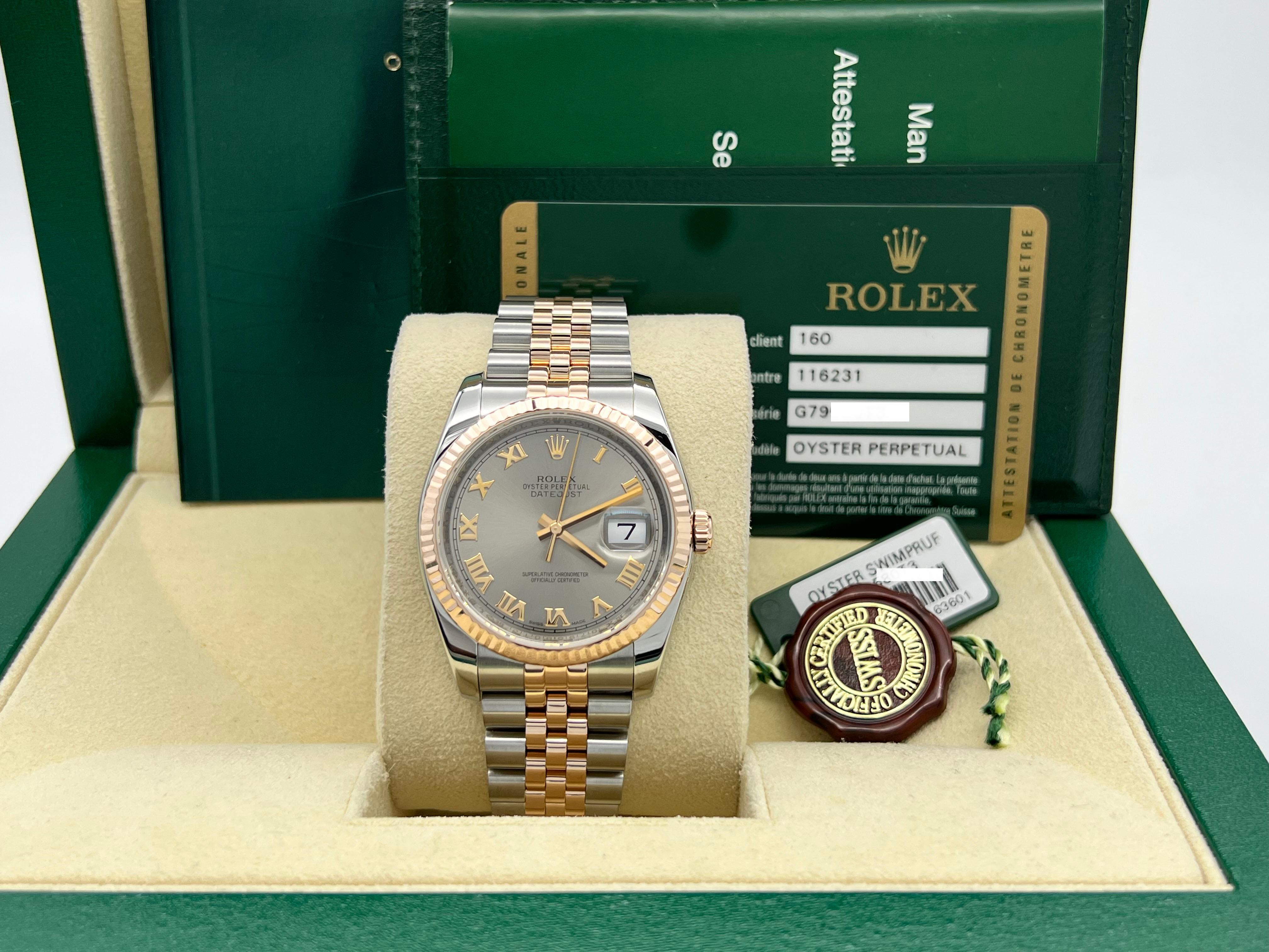 Stilnummer: 116231



Seriennummer: G7958***



Jahr: 2013

 

Modell: Rolex Datejust 

 

MATERIAL des Gehäuses: Rostfreier Stahl 

 

Band: 18K Rose Gold & Edelstahl 

 

Lünette: 18K Rose Gold geriffelt

 

Zifferblatt: Fabrik Silber Zifferblatt