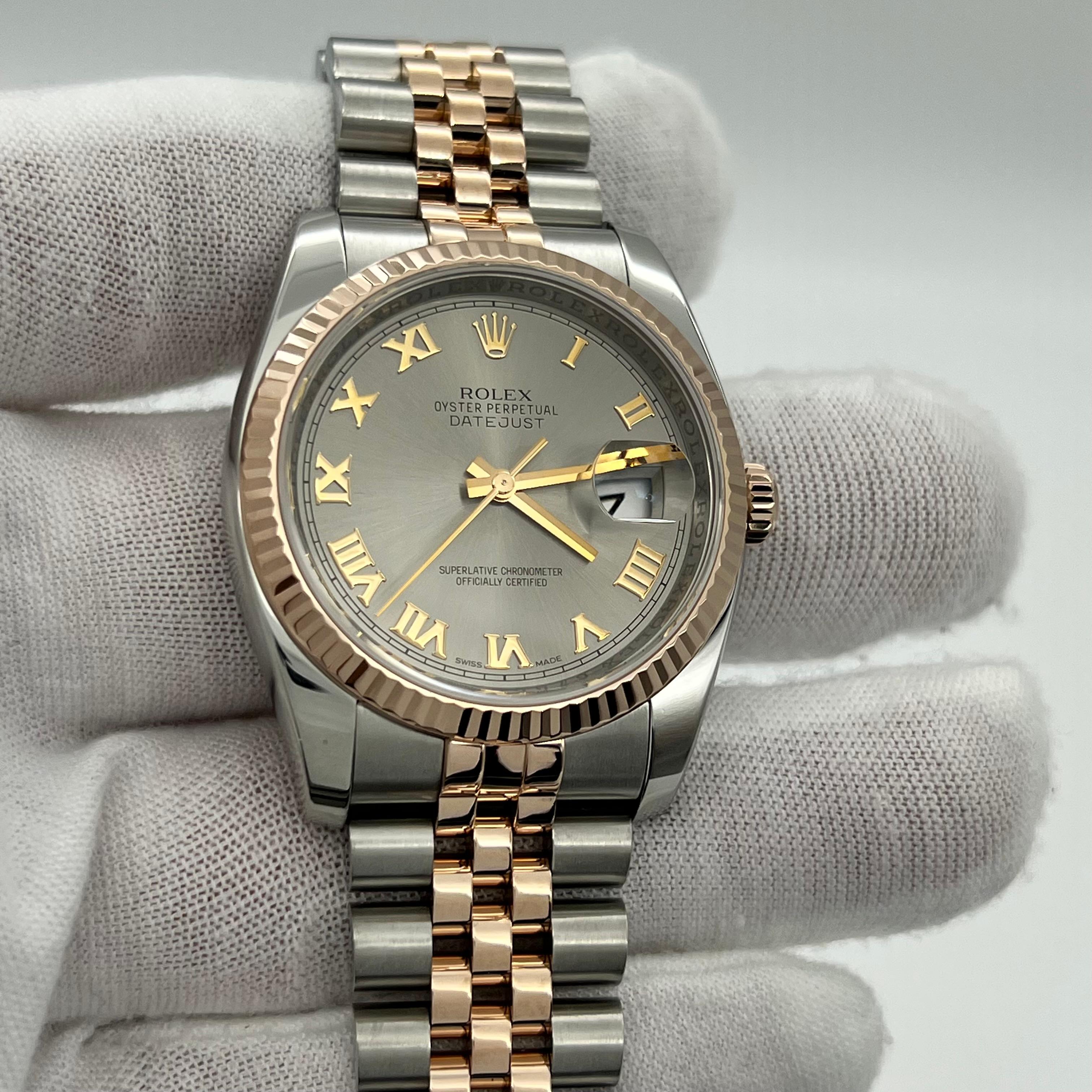 Rolex Datejust 116231 36 mm Silber Roman Zifferblatt 18K Roségold Stahl Box Papier im Zustand „Hervorragend“ in San Diego, CA