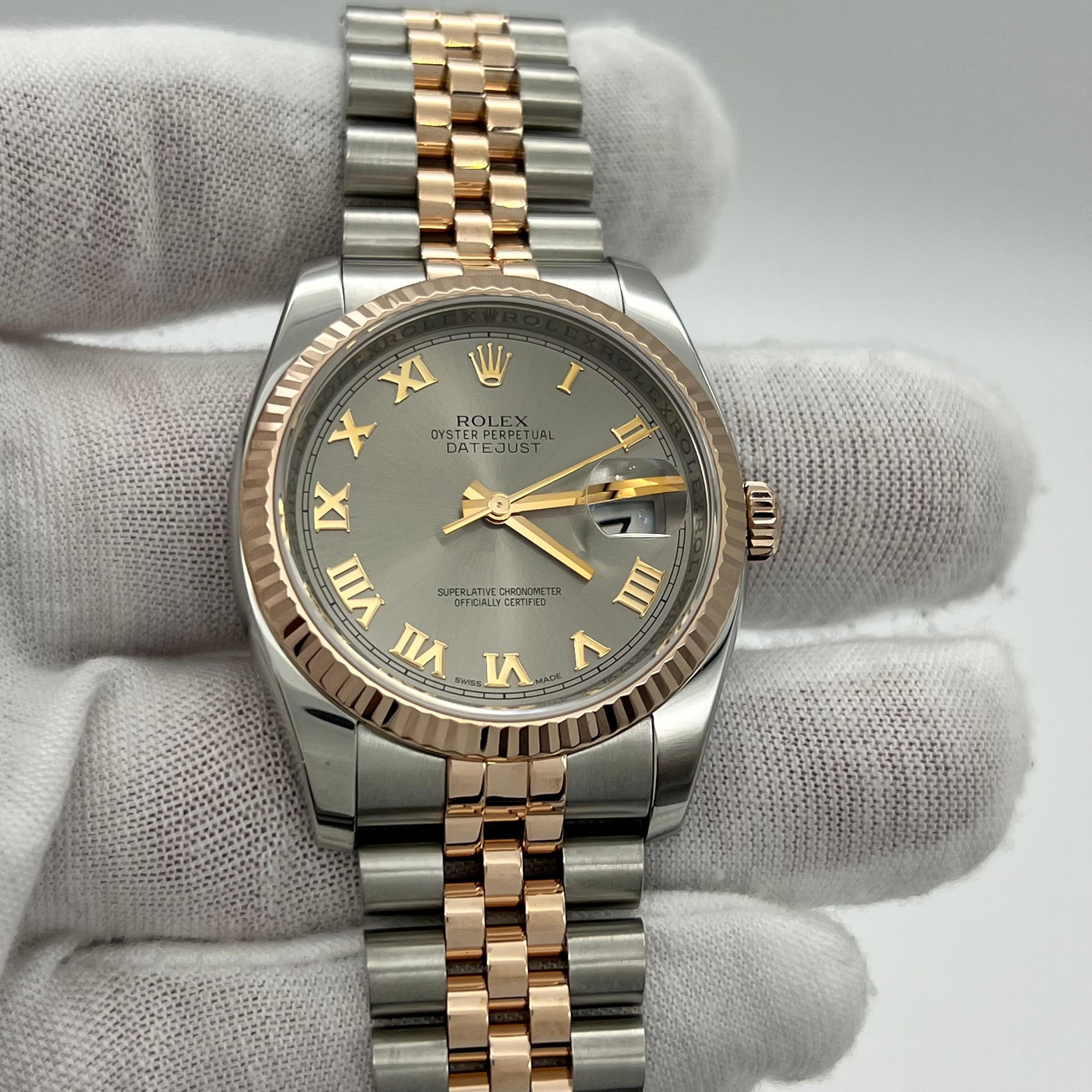 Rolex Datejust 116231 36 mm Silber Roman Zifferblatt 18K Roségold Stahl Box Papier Herren