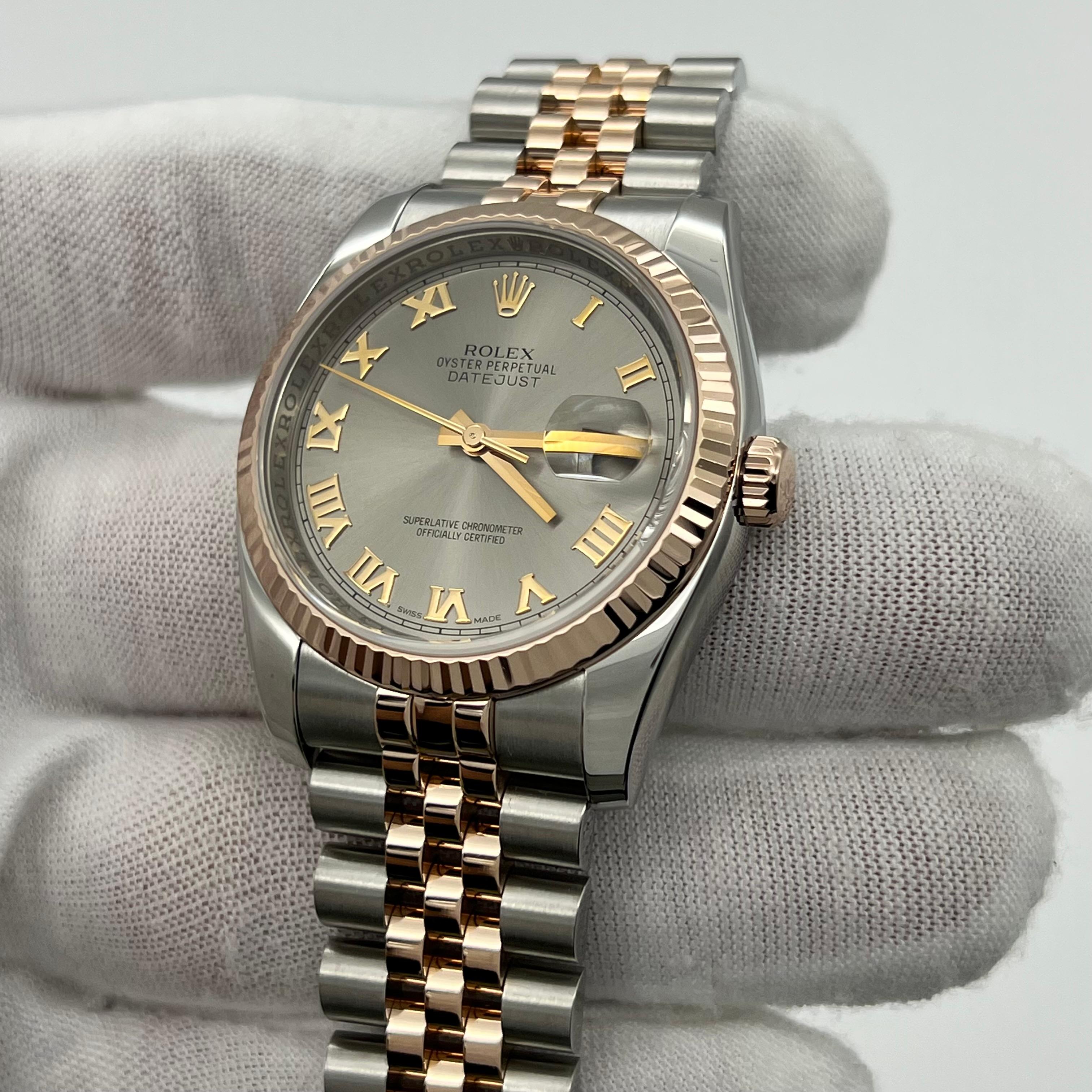 Rolex Datejust 116231 36 mm Silber Roman Zifferblatt 18K Roségold Stahl Box Papier 1