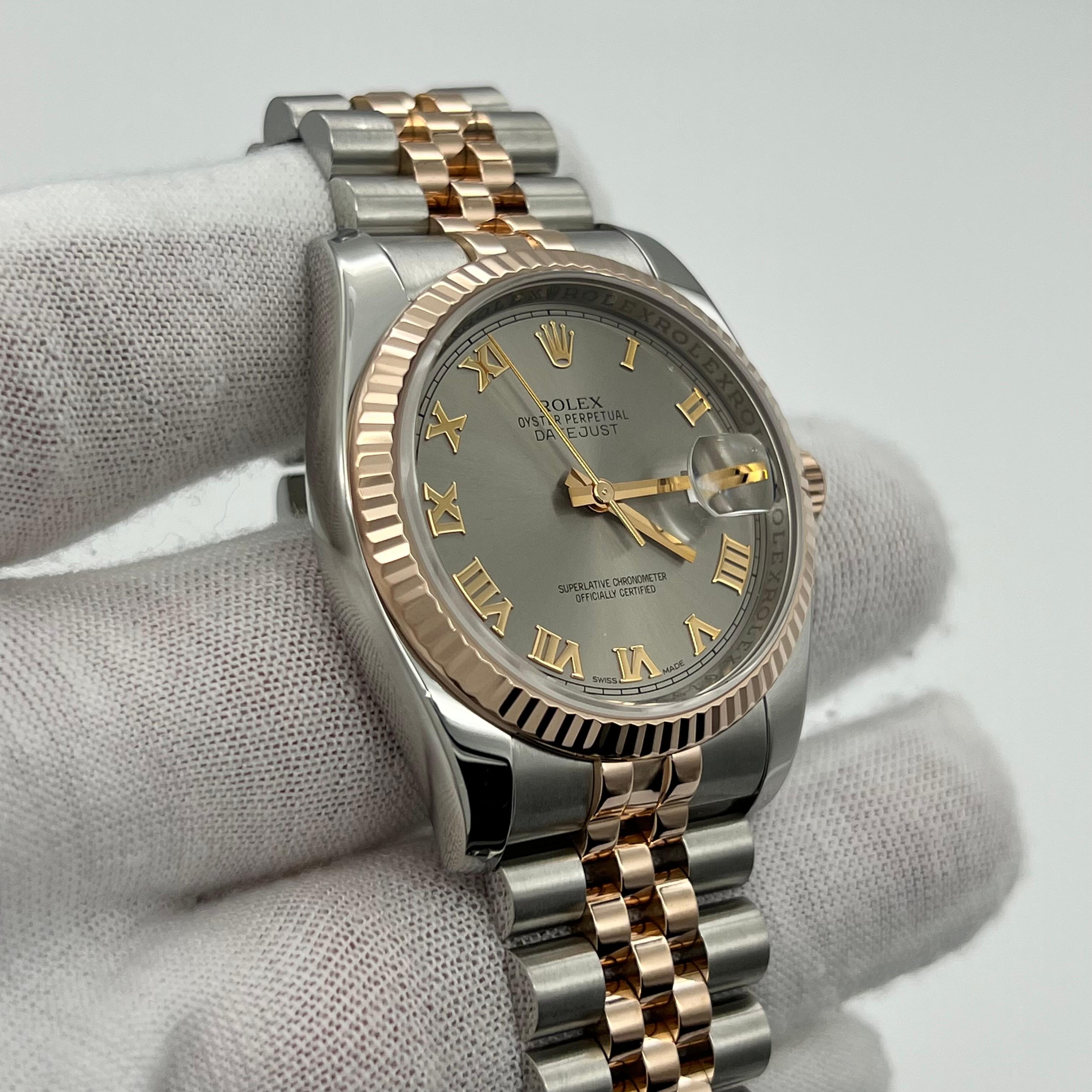 Rolex Datejust 116231 36 mm Silber Roman Zifferblatt 18K Roségold Stahl Box Papier 2