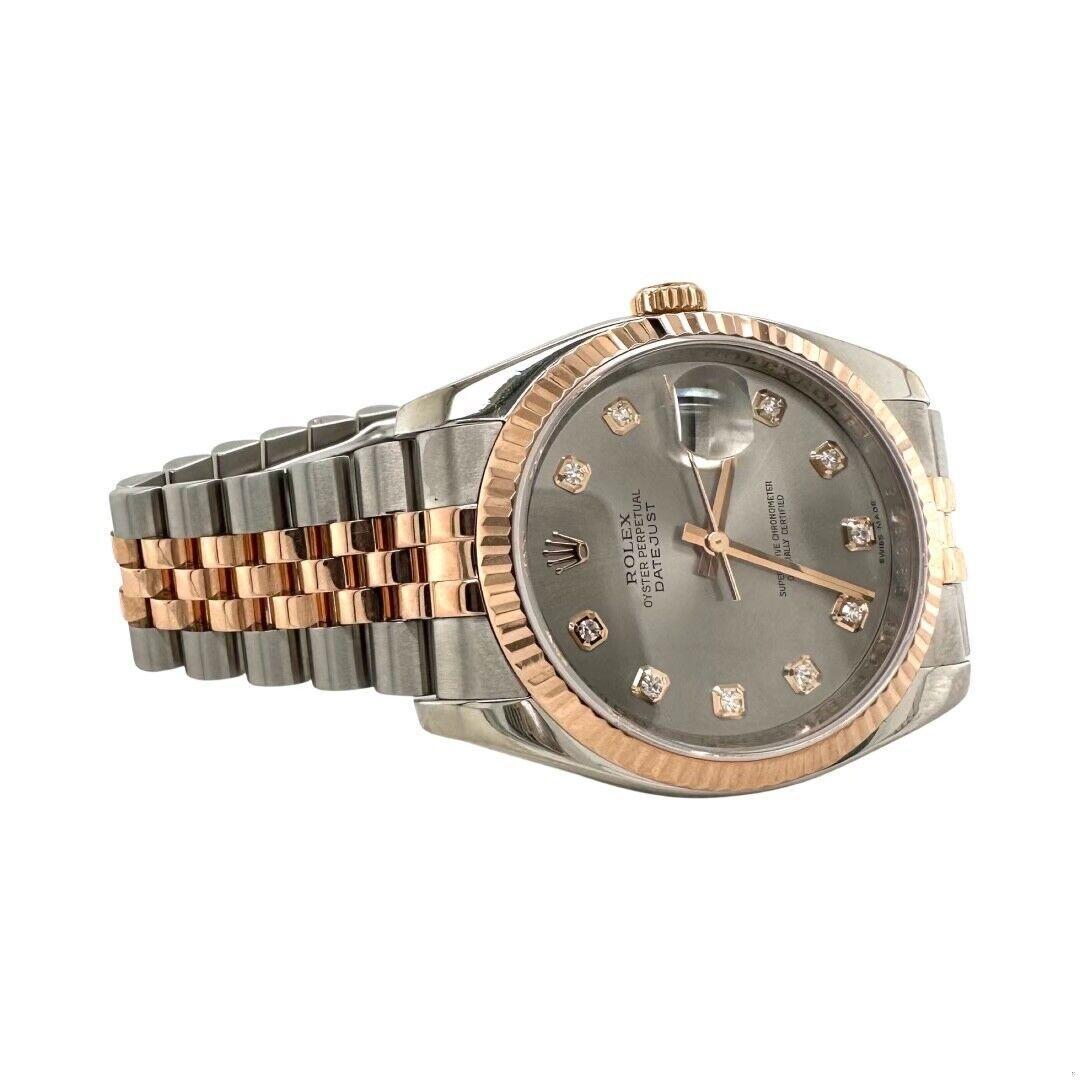Introducing the exquisite Rolex Datejust Watch, a true masterpiece in timekeeping. This 36mm Rose Gold and steel Model is adorned with beautiful diamond markers hours and silver dial. This timeless beauty exudes elegance and sophistication. While it