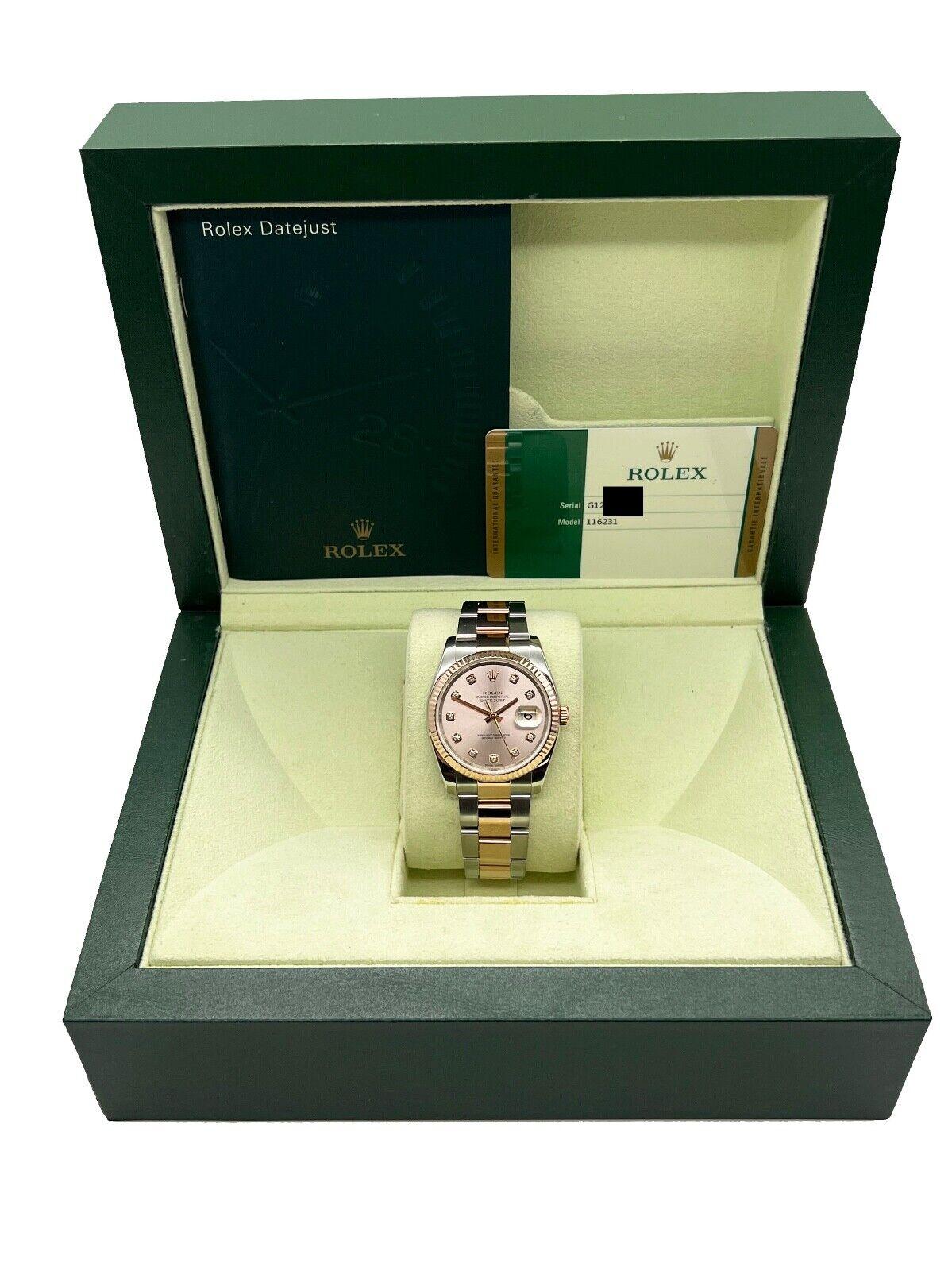 Style Number: 116231
Serial: G125***
Year: 2014
Model: Rolex Datejust
Case Material: Stainless Steel 
Band: 18K Rose Gold & Stainless Steel 
Bezel: 18K Rose Gold Fluted
Dial: Factory Rose Color Dial with Diamonds
Face: Sapphire Crystal 
Case Size: