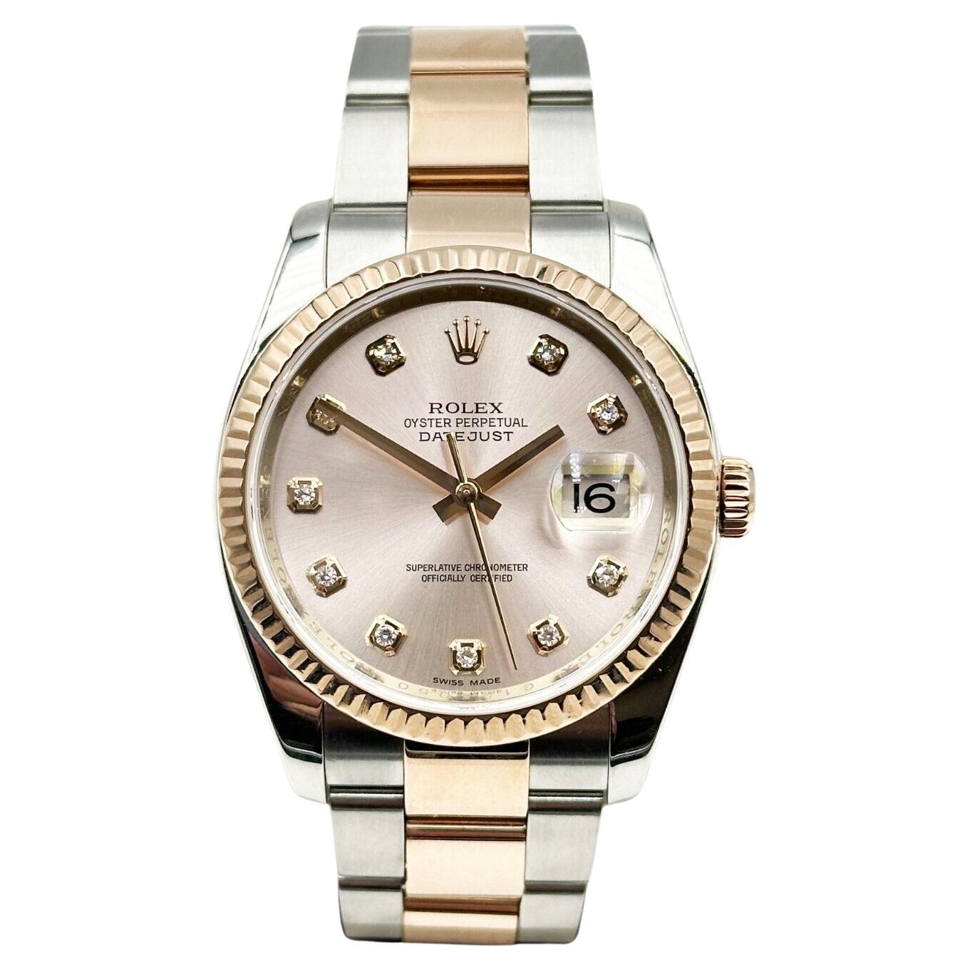 Rolex Datejust 116231 Diamond Dial 18K Rose Gold Stainless Box Paper In Excellent Condition For Sale In San Diego, CA
