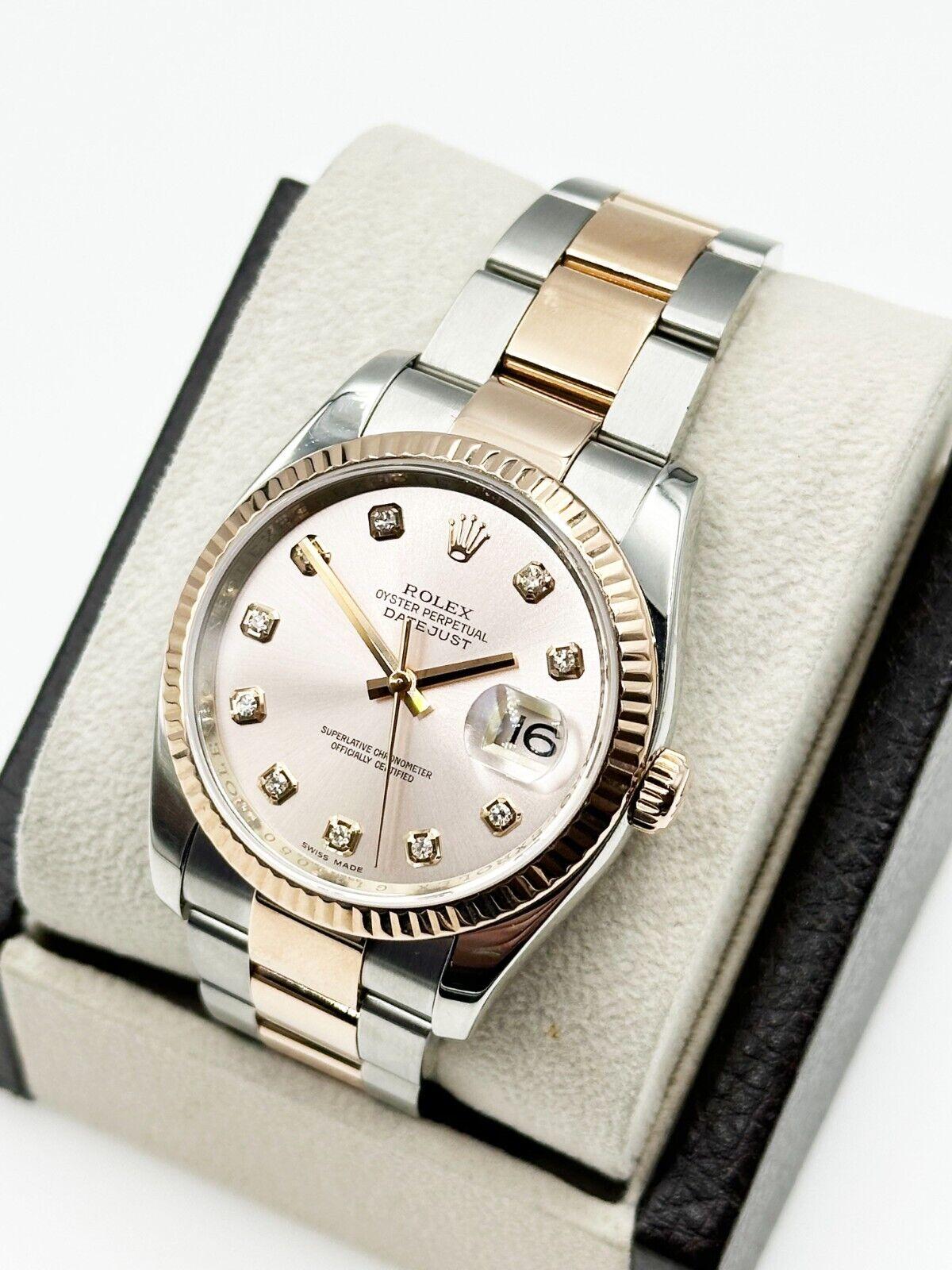 Rolex Datejust 116231 Diamond Dial 18K Rose Gold Stainless Box Paper For Sale 3