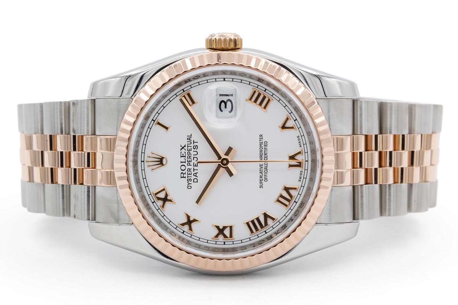 We are pleased to offer this 2005 Rolex Two Tone Datejust 116231. This is a great Rolex for a man or a woman especially with women wearing larger watches these days. It features a 36mm stainless steel case, Rolex white Roman dial with rose gold