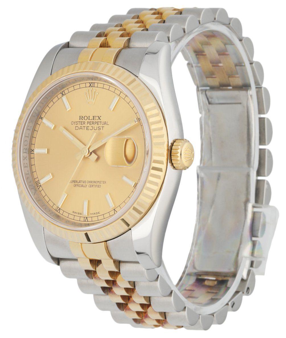 Rolex Datejust 116233 men's watch. 36MM stainless steel case with 18K yellow gold fluted bezel.Â Champagne dial with golden luminous hands and goldenÂ index hour marker. 18K yellow gold and stainless steel jubilee bracelet with stainless steel