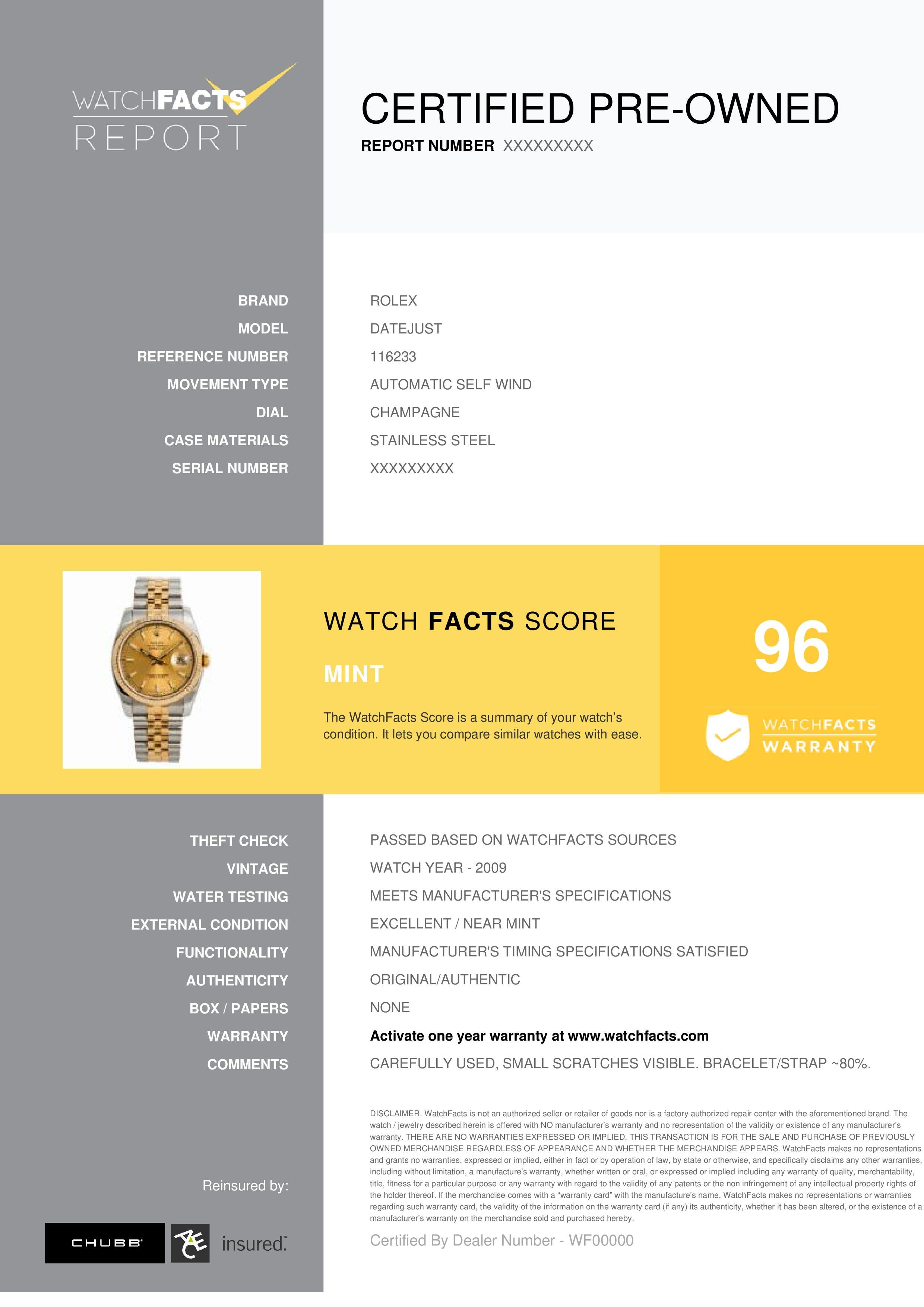 Rolex Datejust Reference #: 116233. Mens Automatic Self Wind Watch Stainless Steel Champagne 36 MM. Verified and Certified by WatchFacts. 1 year warranty offered by WatchFacts.

