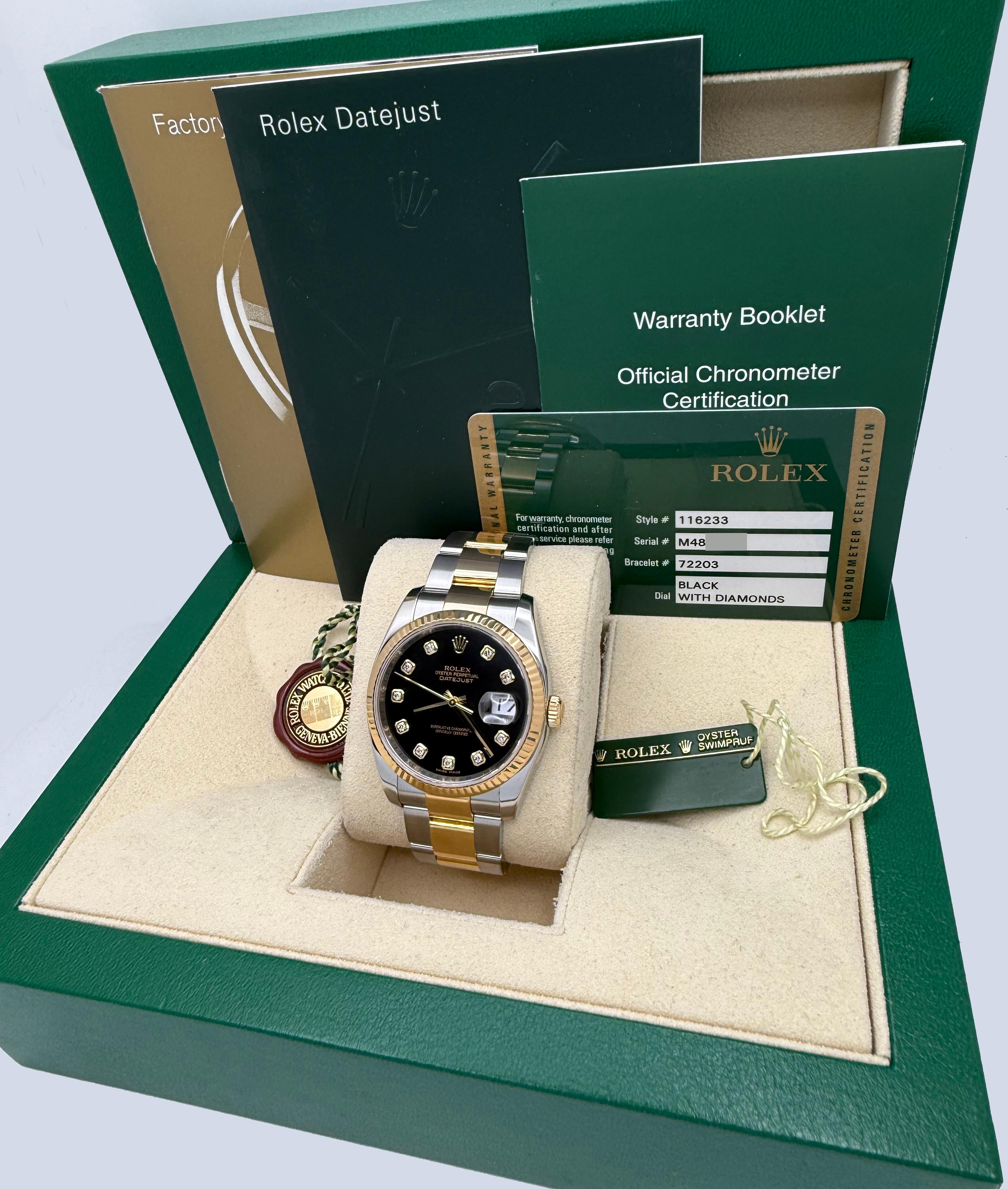 Style Number: 116233

Serial: M485***

Year: 2010

Model: Rolex Datejust 

Case Material: Stainless Steel 

Band: 18K Yellow Gold & Stainless Steel 

Bezel: 18K Yellow Gold 

Dial: Original Black Diamond Dial 

Face: Sapphire Crystal  

Case Size: