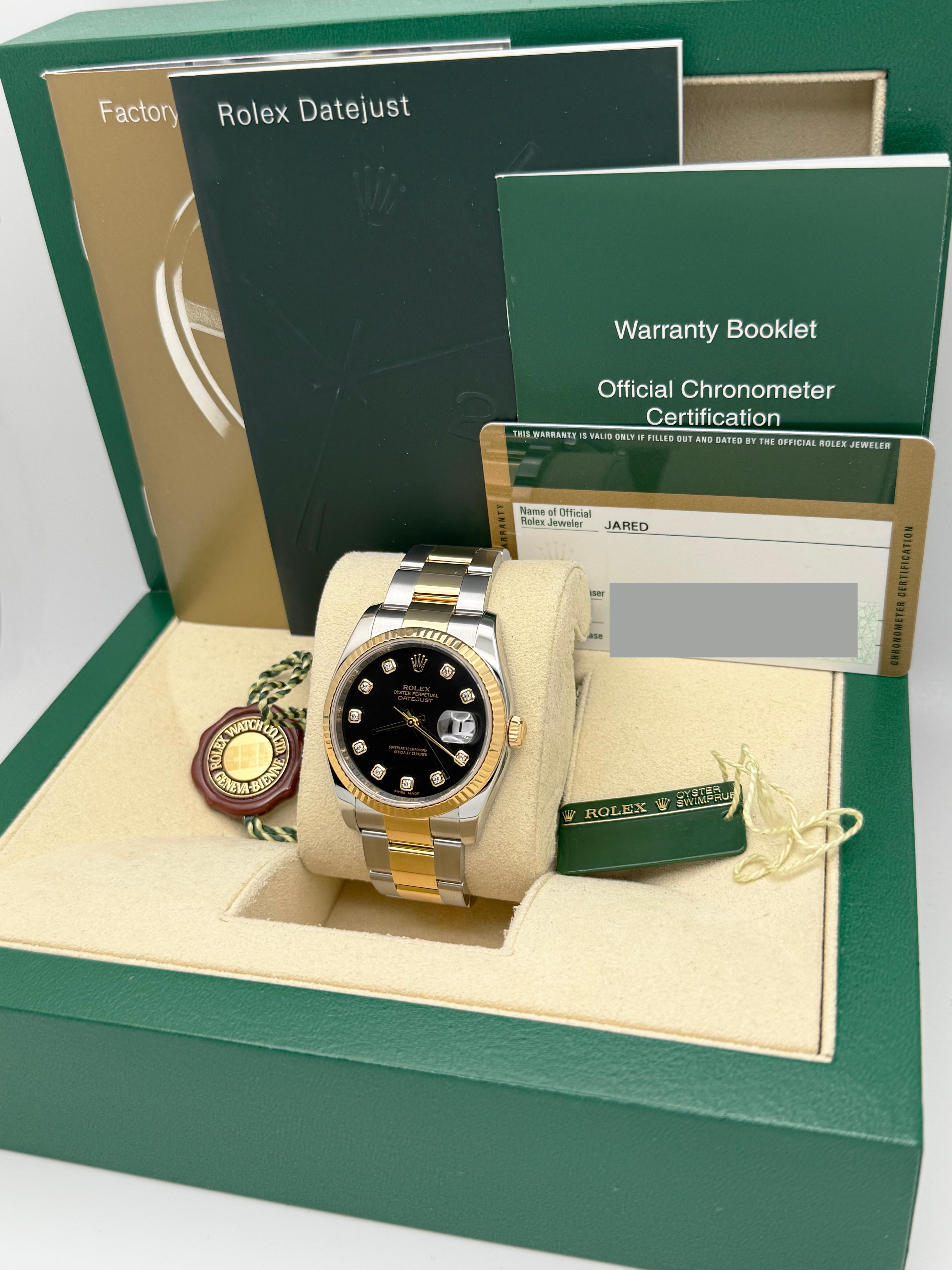 Baguette Cut Rolex Datejust 116233 36mm Black Diamond Dial 18K Yellow Gold Steel Box Paper For Sale