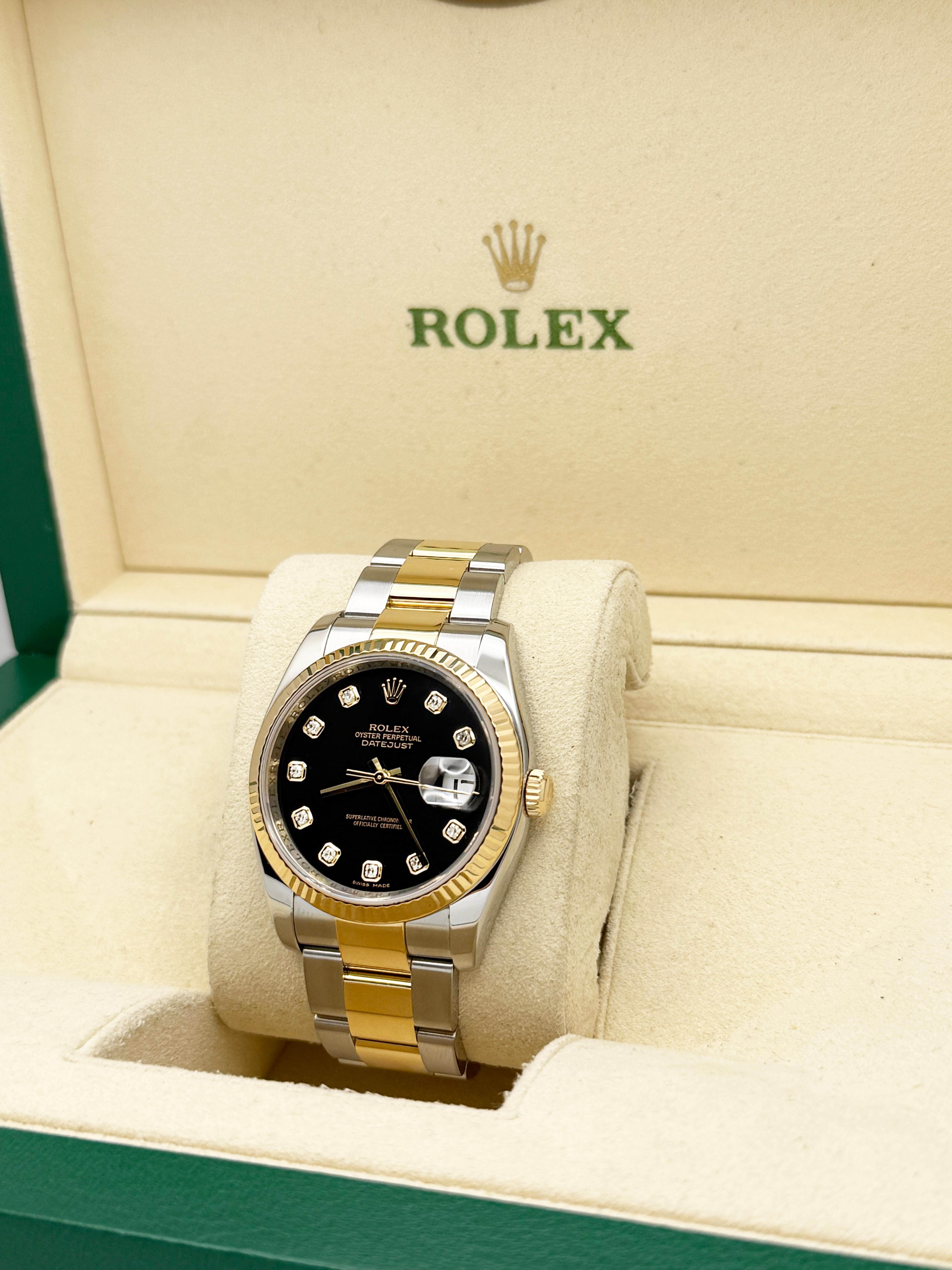 Rolex Datejust 116233 36mm Black Diamond Dial 18K Yellow Gold Steel Box Paper In Excellent Condition For Sale In San Diego, CA