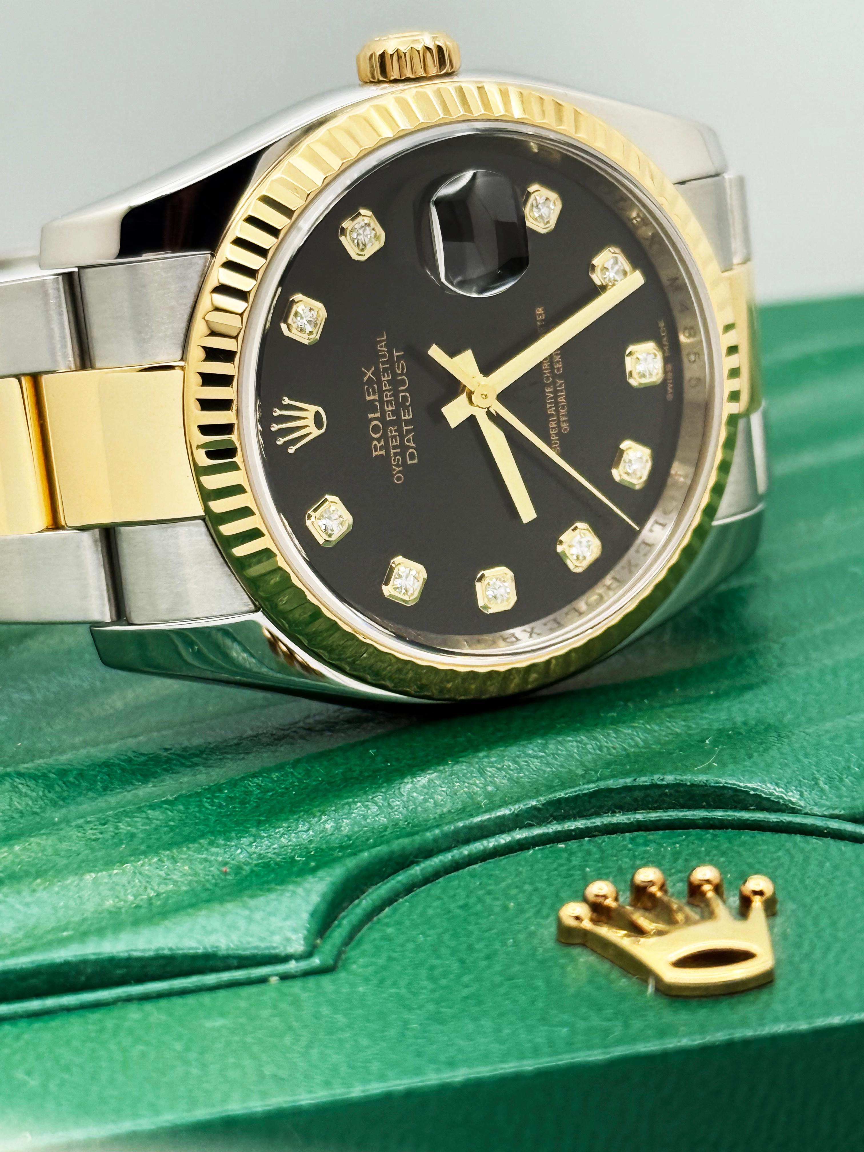 Women's or Men's Rolex Datejust 116233 36mm Black Diamond Dial 18K Yellow Gold Steel Box Paper For Sale