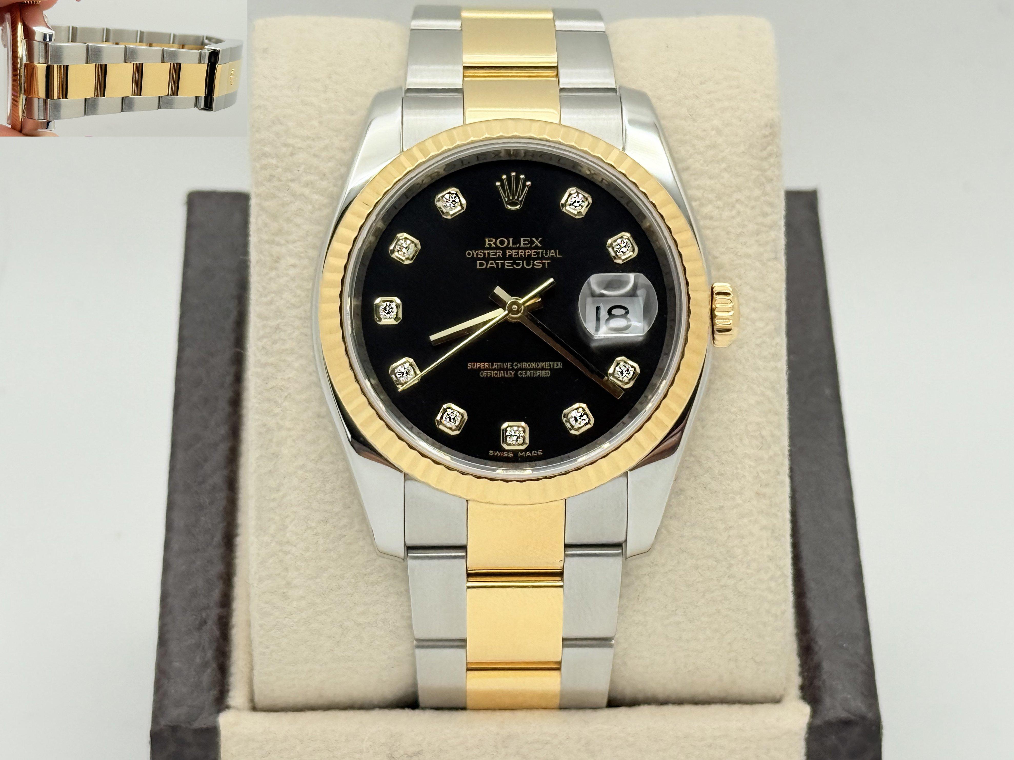 Rolex Datejust 116233 36mm Black Diamond Dial 18K Yellow Gold Steel Box Paper For Sale 1