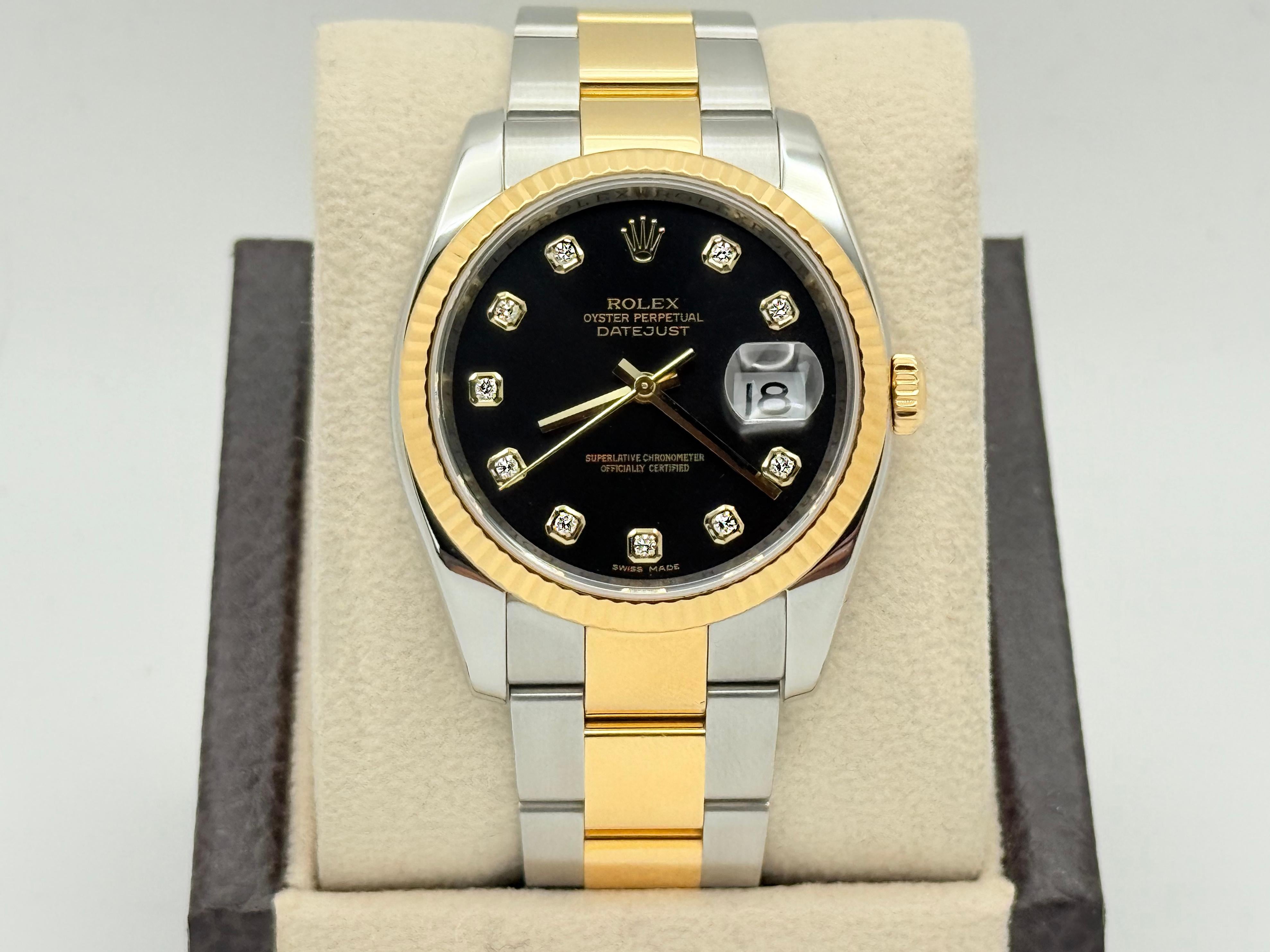 Rolex Datejust 116233 36mm Black Diamond Dial 18K Yellow Gold Steel Box Paper For Sale 2