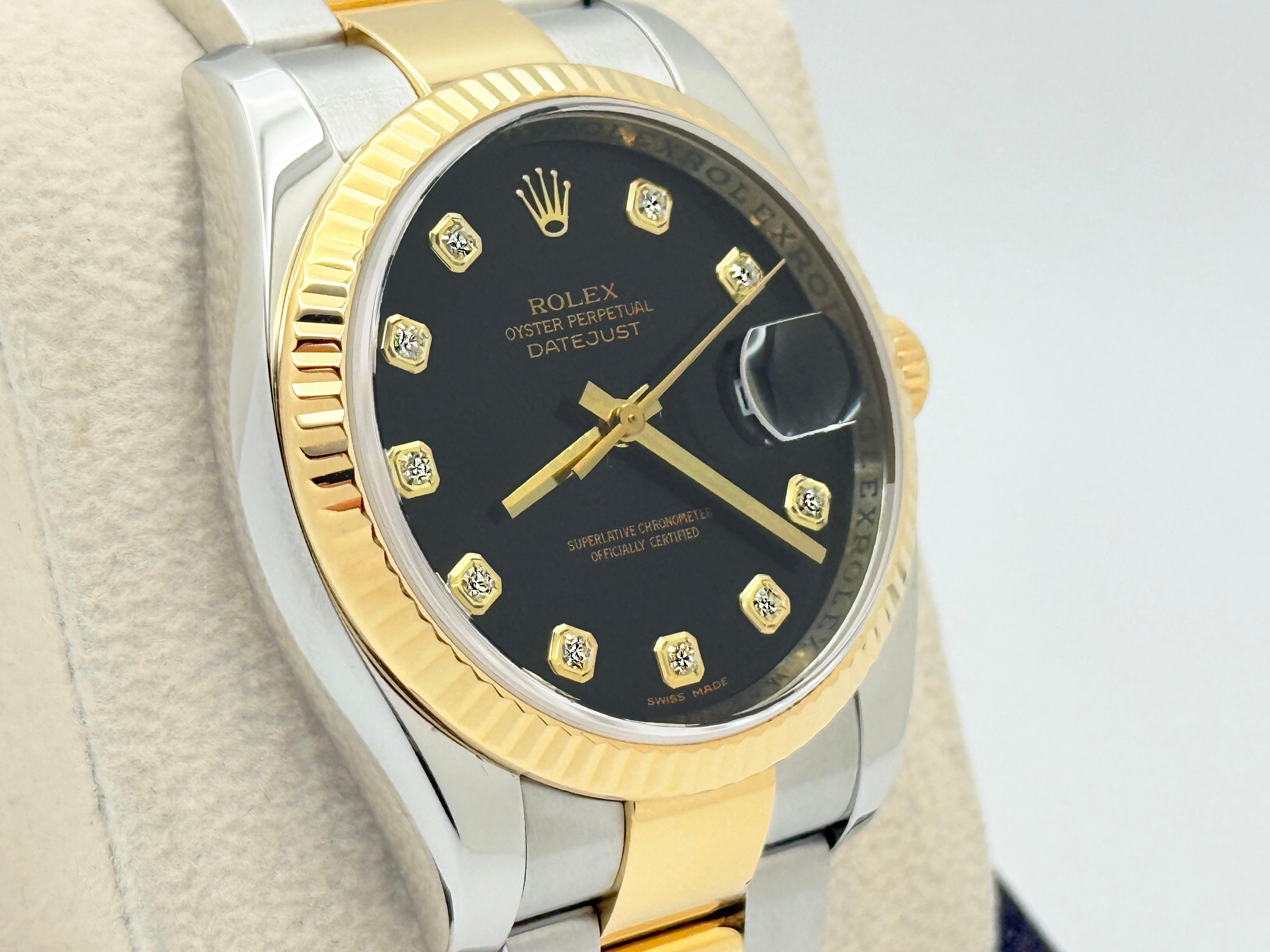 Rolex Datejust 116233 36mm Black Diamond Dial 18K Yellow Gold Steel Box Paper For Sale 3