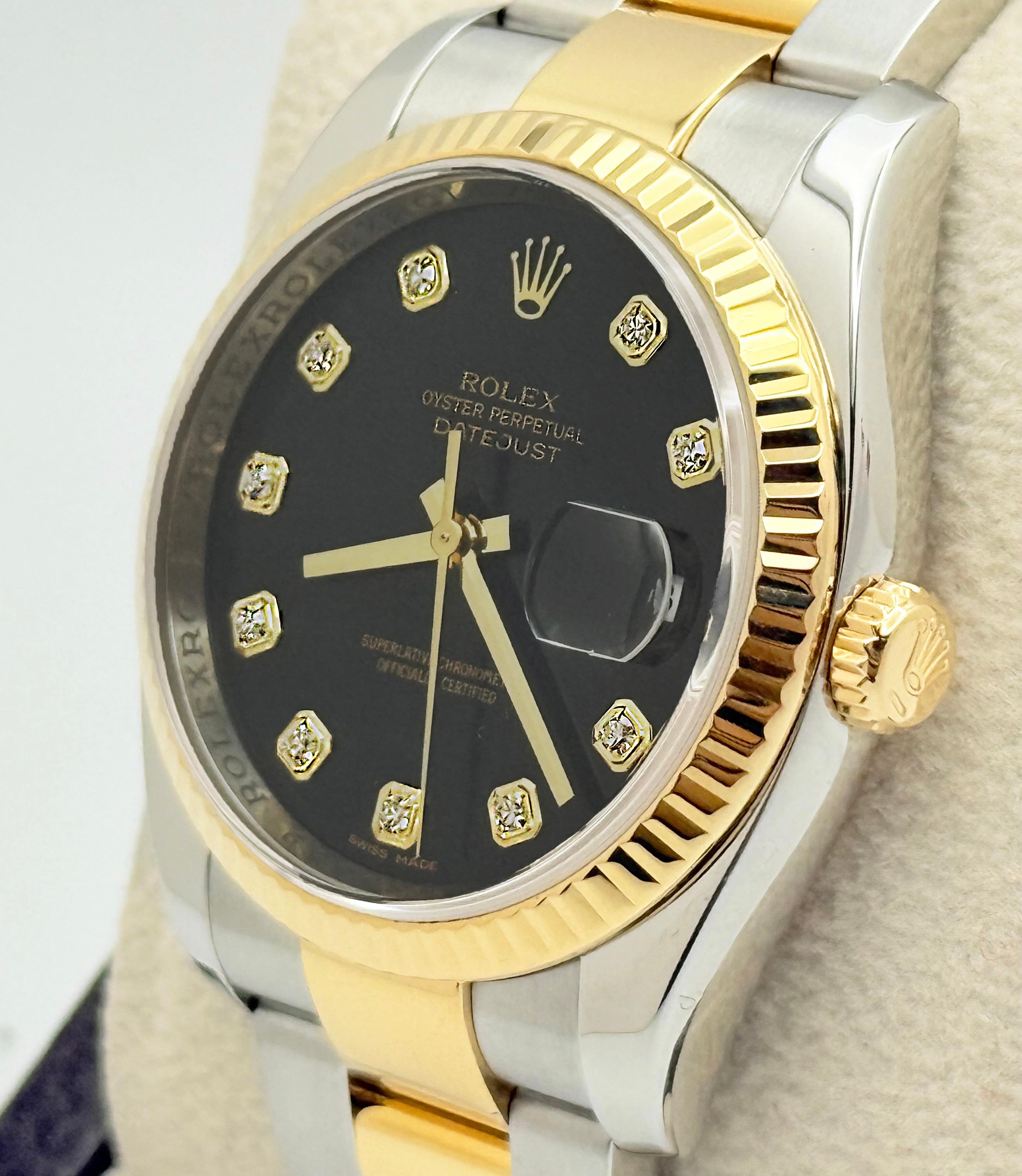 Rolex Datejust 116233 36mm Black Diamond Dial 18K Yellow Gold Steel Box Paper For Sale 4