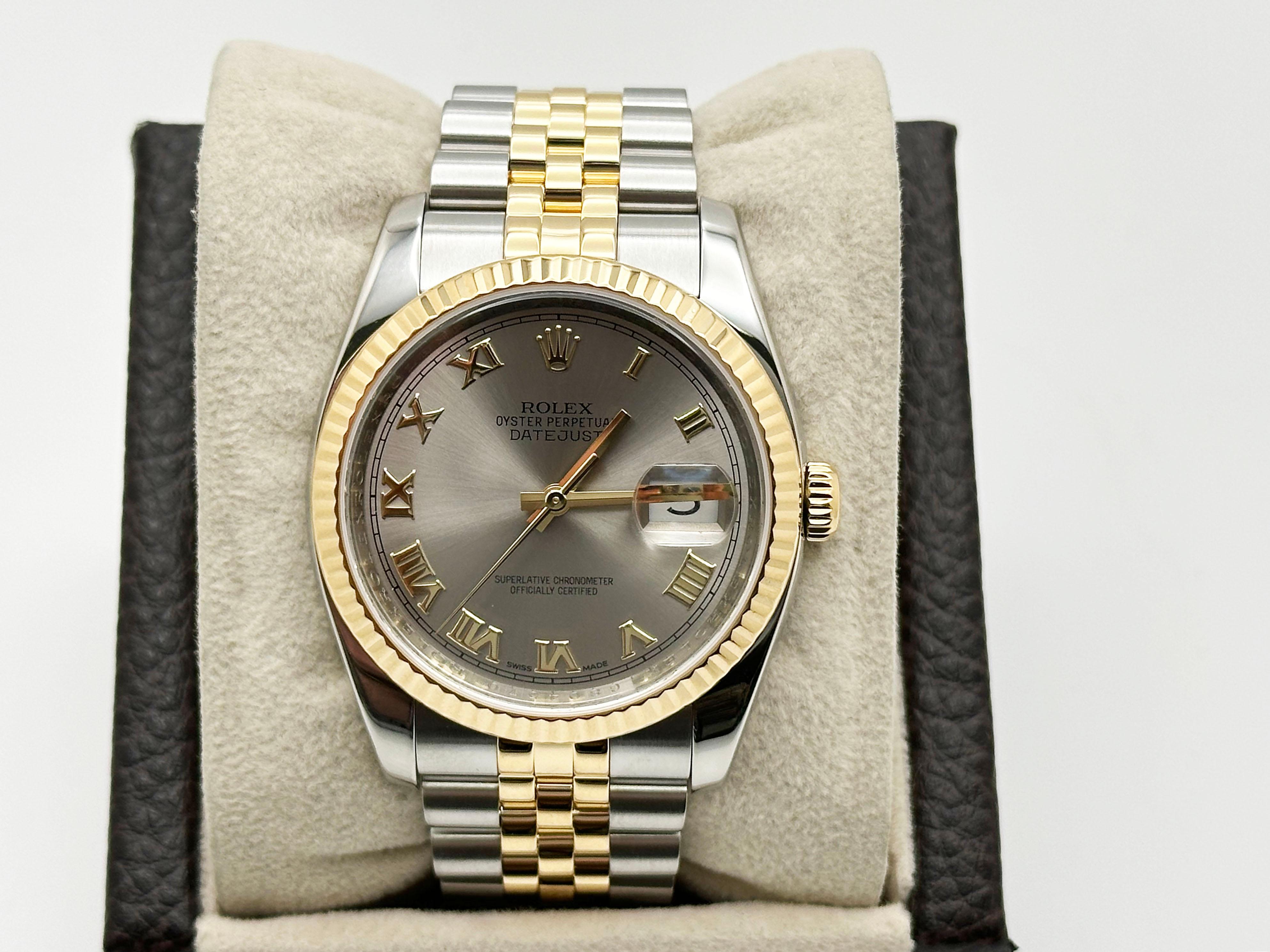 Rolex Datejust 116233 36mm Silber römisches Zifferblatt 18K Gelbgold Stahl Jubilee im Angebot 3