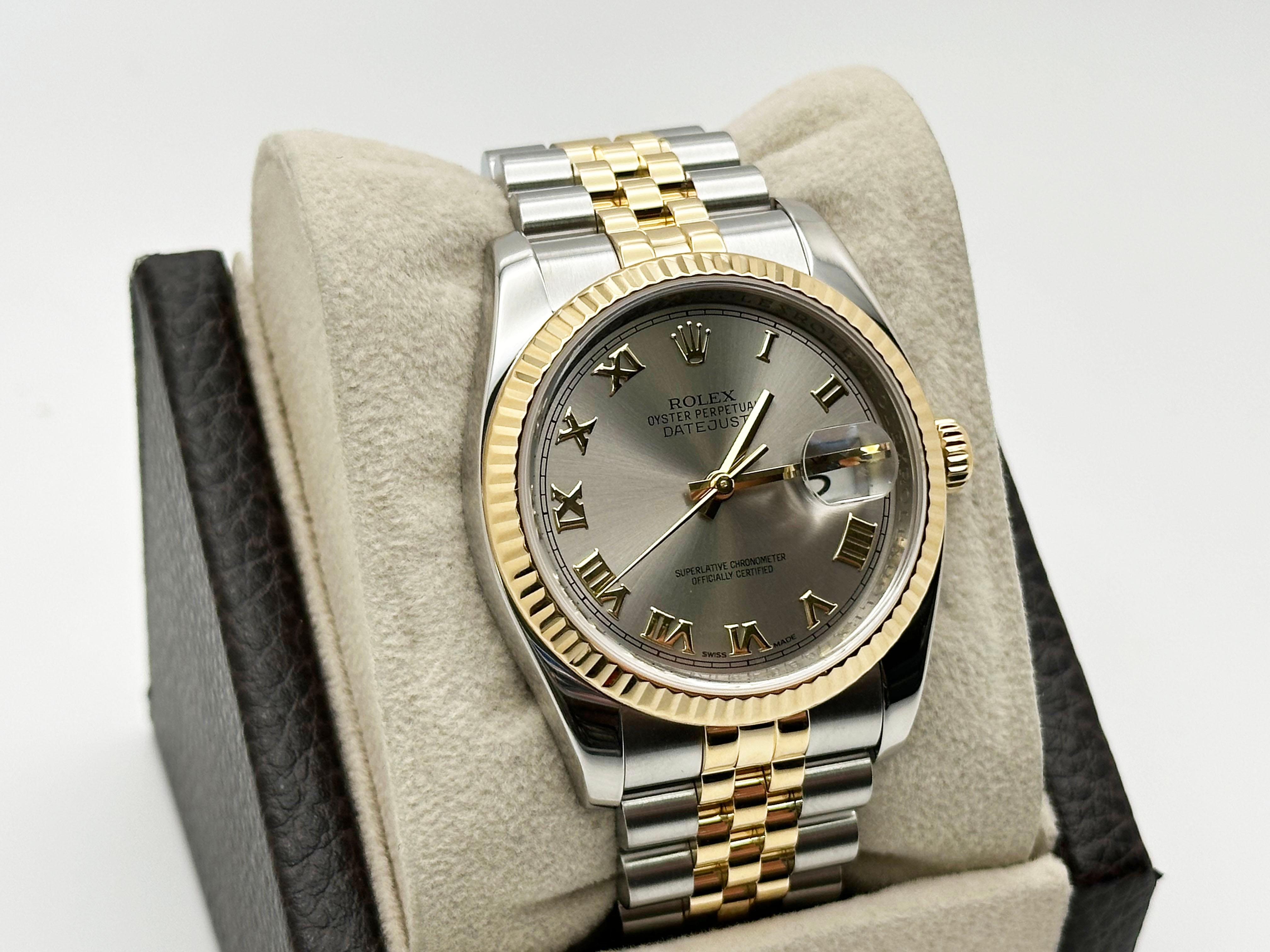 Rolex Datejust 116233 36mm Silber römisches Zifferblatt 18K Gelbgold Stahl Jubilee im Angebot 4