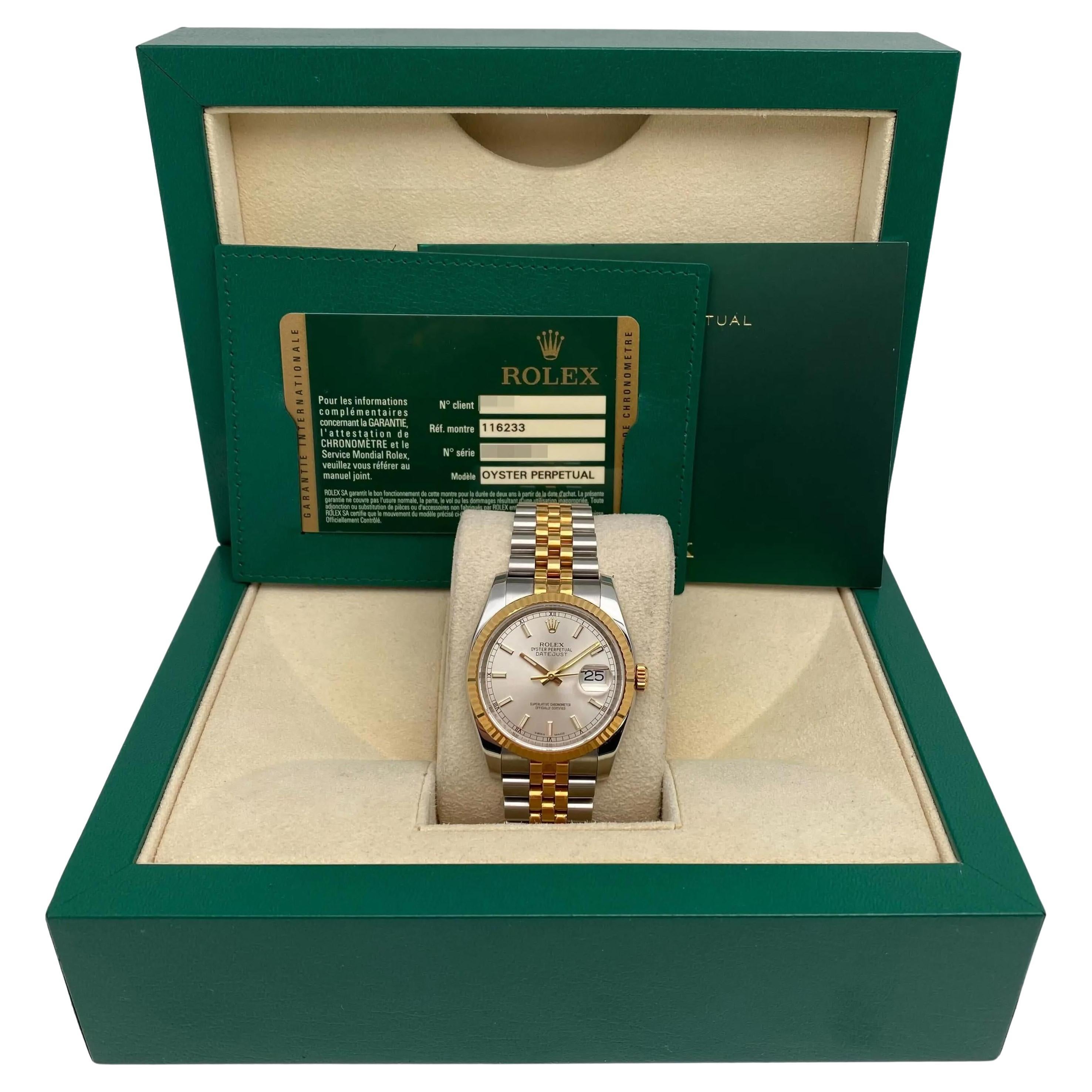 Rolex Datejust 116233 36mm Steel 18K Yellow Gold Silver Dial Watch B&P