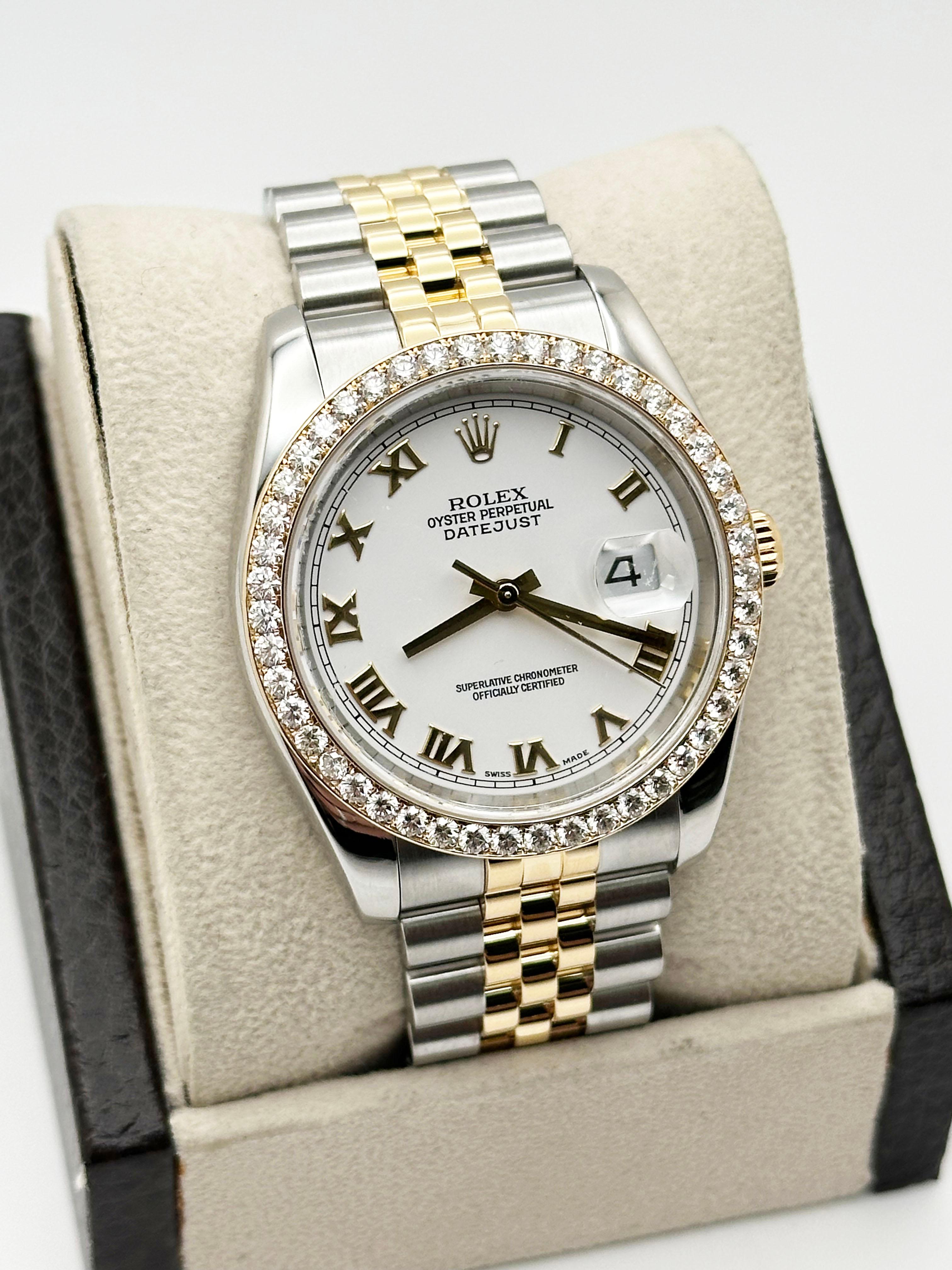 Rolex Datejust 116233 36mm Esfera romana blanca Bisel de diamantes Oro amarillo 18k Acero en Excelente estado para la venta en San Diego, CA