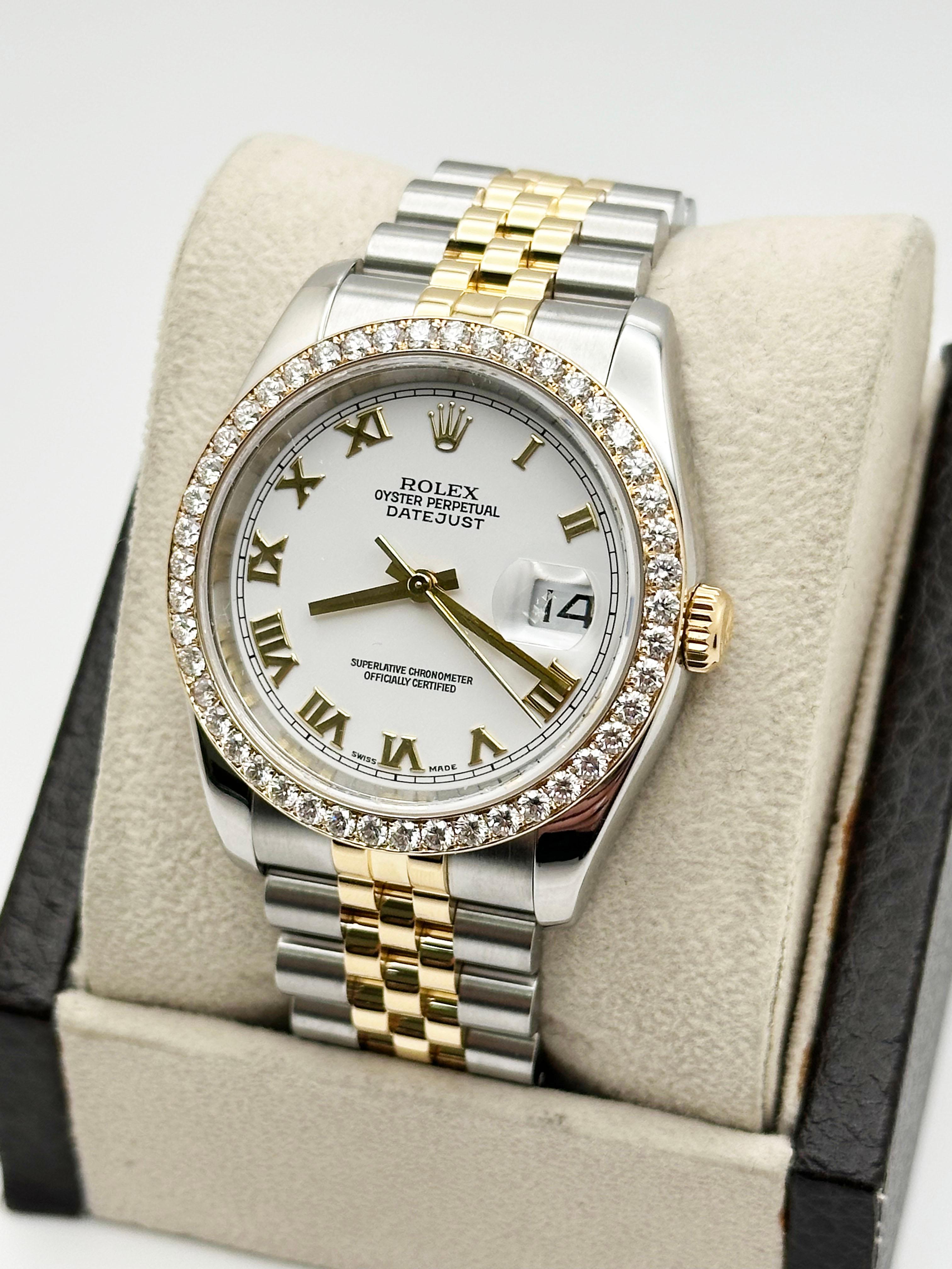 Femenino o masculino Rolex Datejust 116233 36mm Esfera romana blanca Bisel de diamantes Oro amarillo 18k Acero en venta