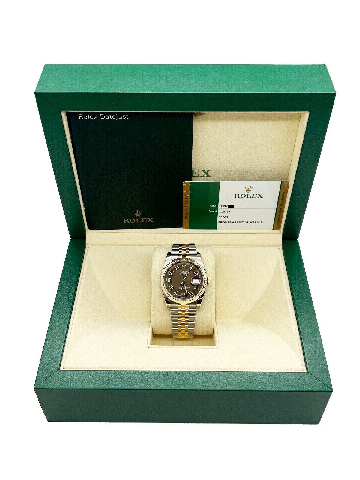 Rolex Datejust 116233 Bronze Arabic Dial 18K Gold Stainless Steel Box Paper In Excellent Condition For Sale In San Diego, CA