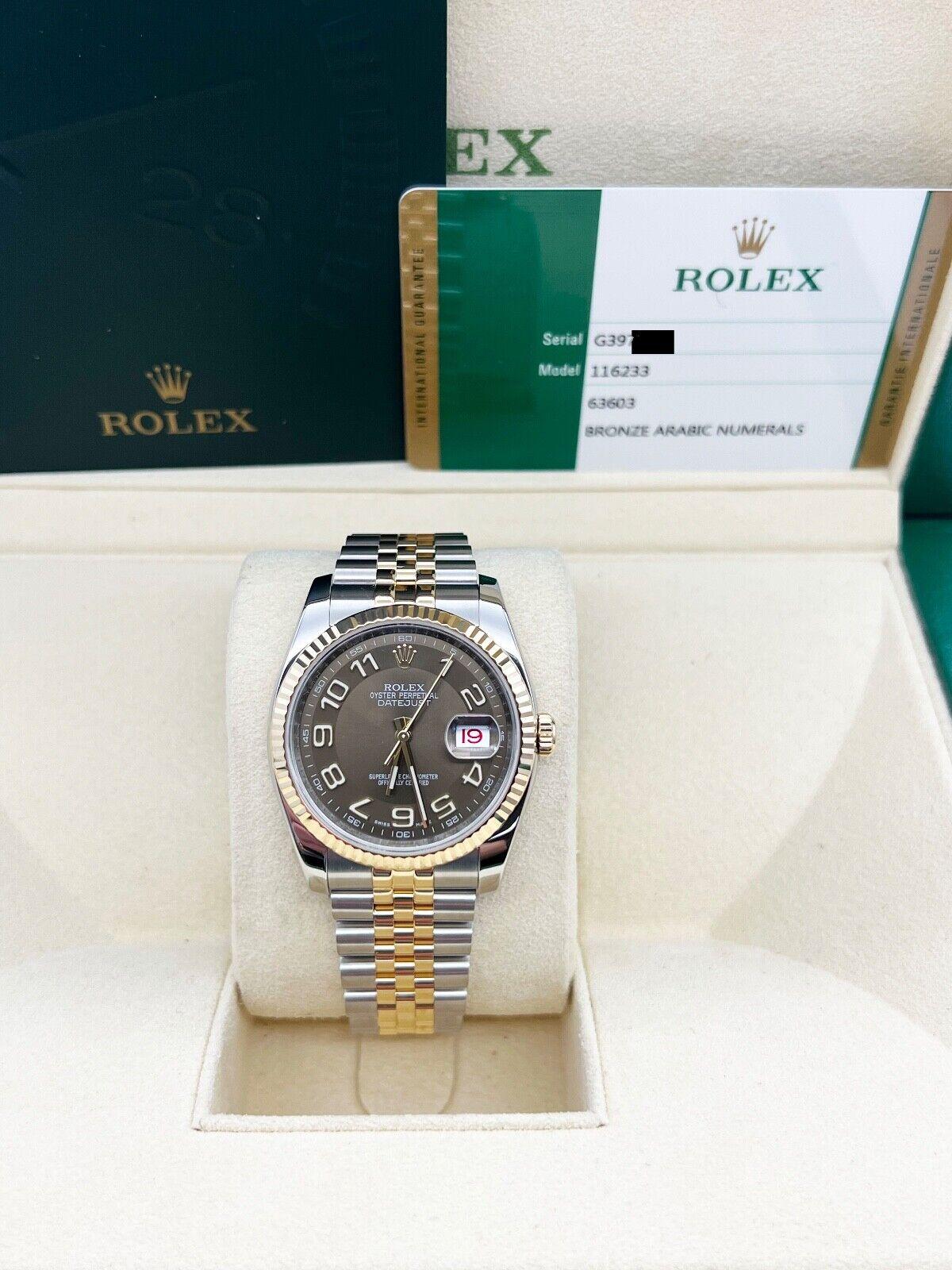 Men's Rolex Datejust 116233 Bronze Arabic Dial 18K Gold Stainless Steel Box Paper For Sale